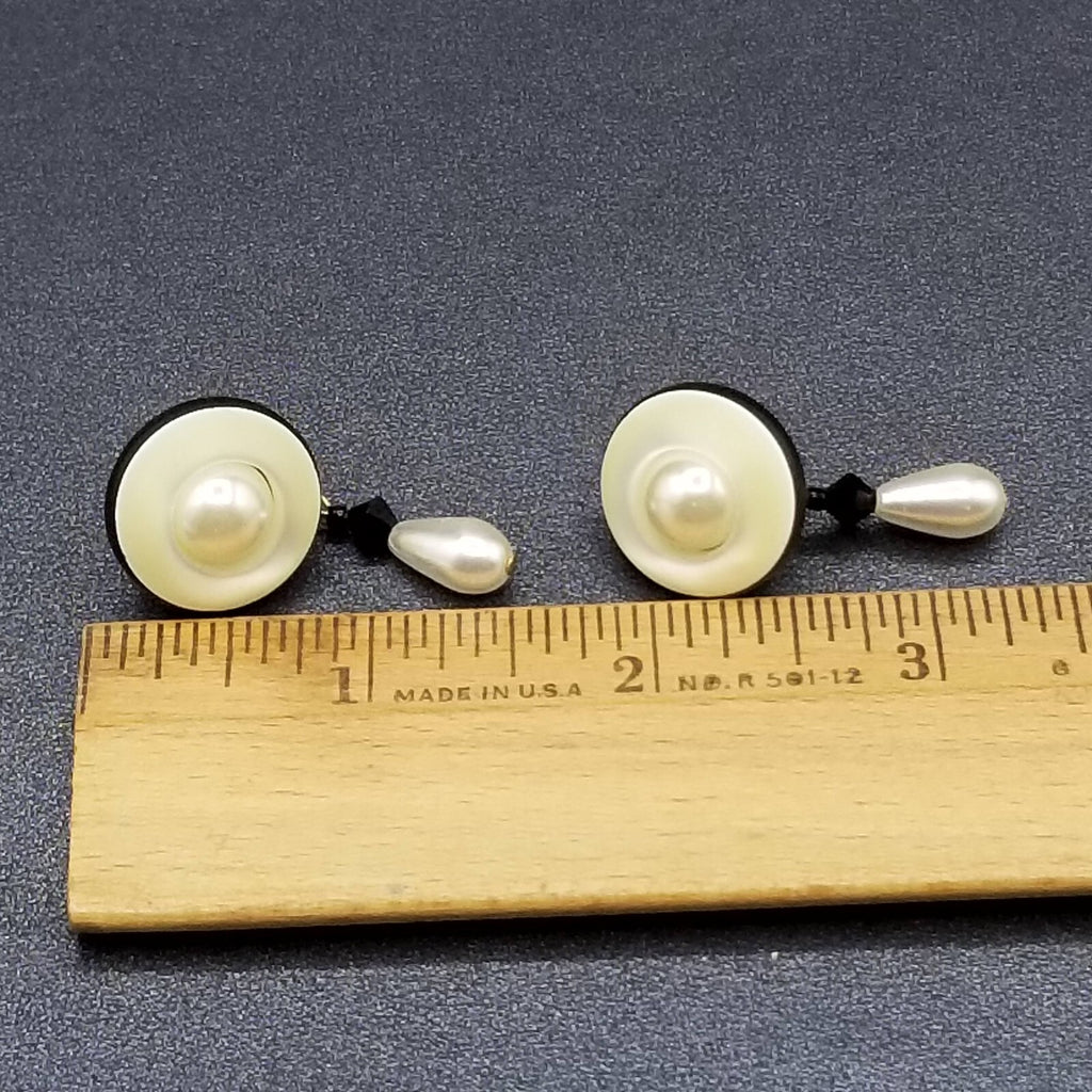 Pierced Earrings Gold tone Mother of Pearl Bead Button Style Dangle 1 5/8"