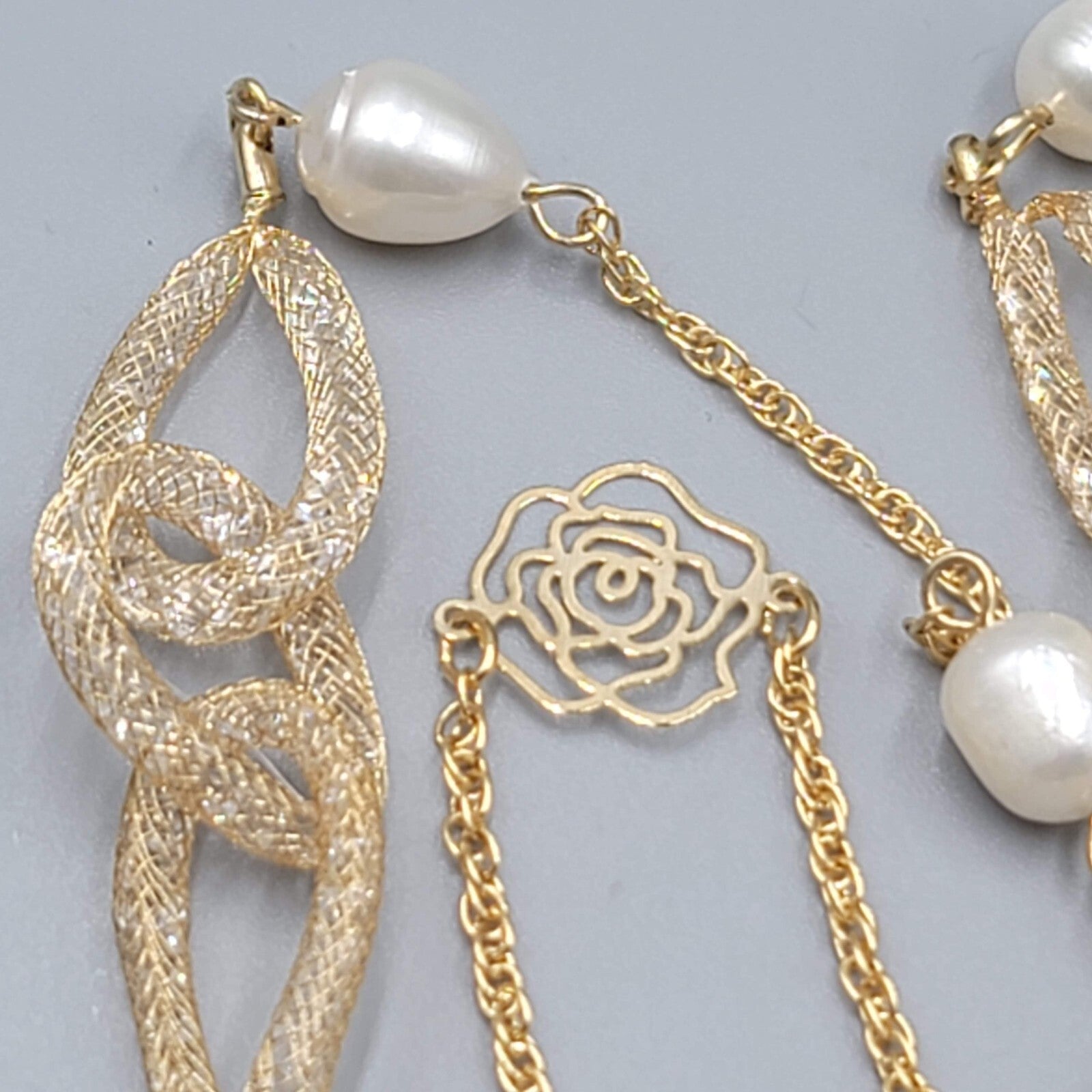 Long Dainty Pearl Necklace Gold Plated Mesh Clover Station 40"-42"
