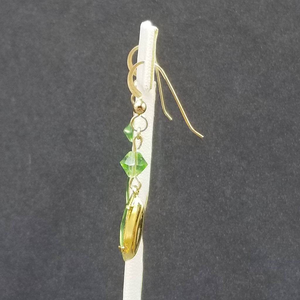 Pierced Earring Gold tone Green Crystal Faceted Bead Statement Dangle 1 1/8"