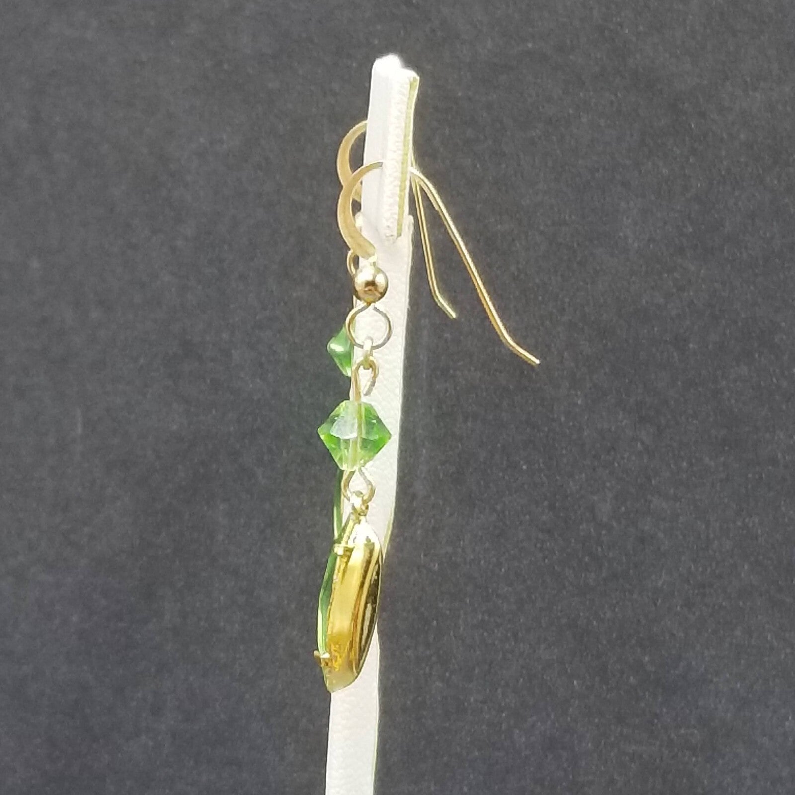 Pierced Earring Gold tone Green Crystal Faceted Bead Statement Dangle 1 1/8"