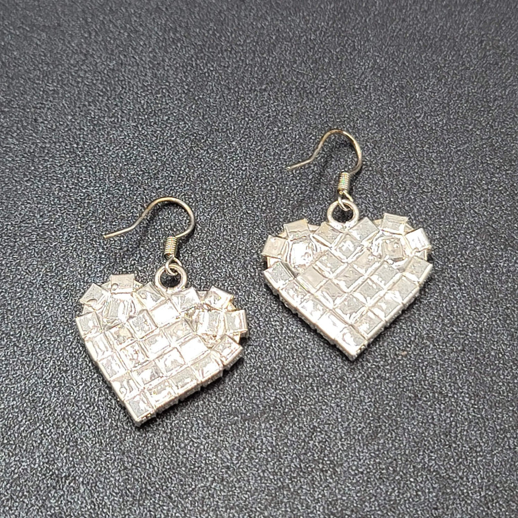 Vintage Pierced Earrings Silver tone Rhinestone Studded Dangle Heart 1"