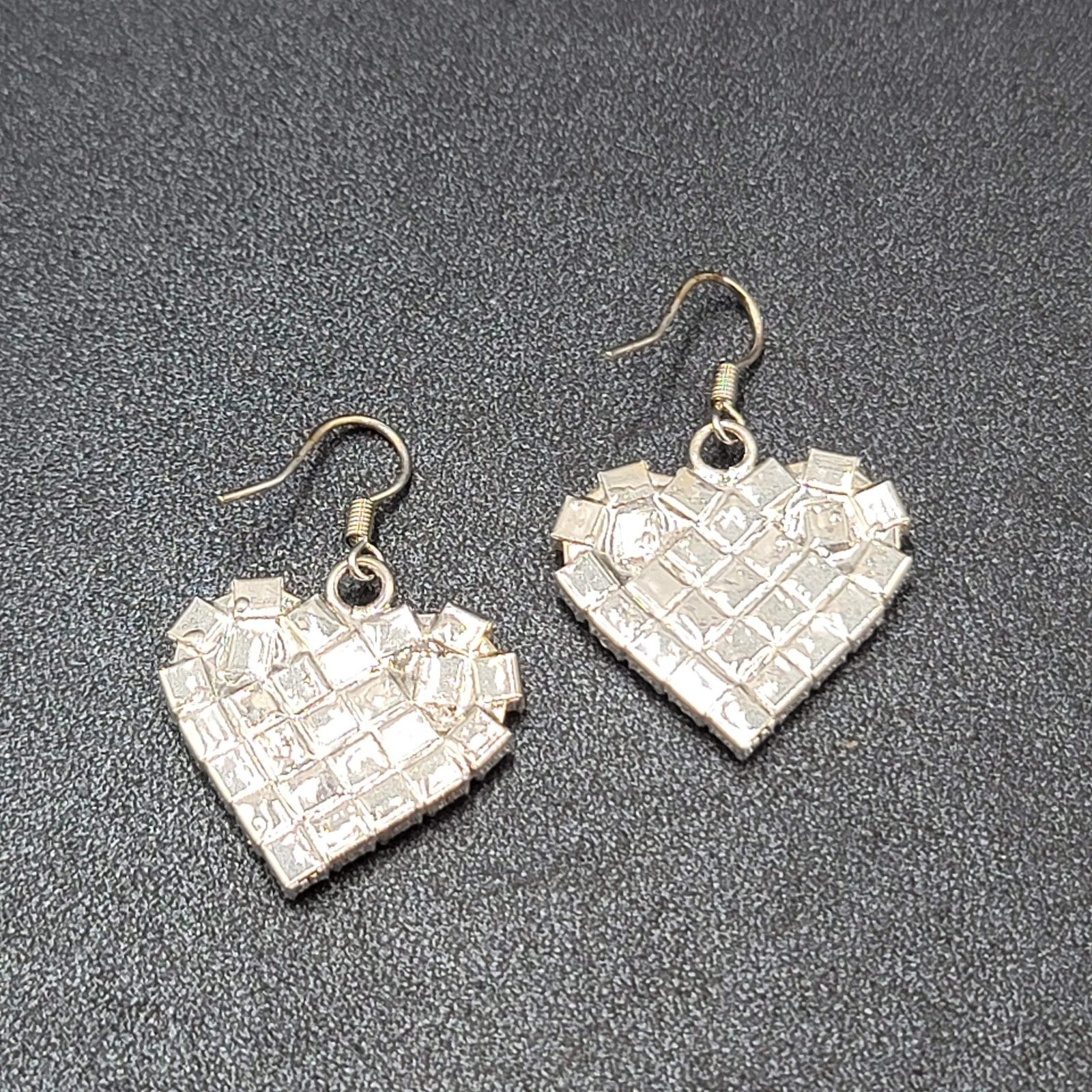 Vintage Pierced Earrings Silver tone Rhinestone Studded Dangle Heart 1"