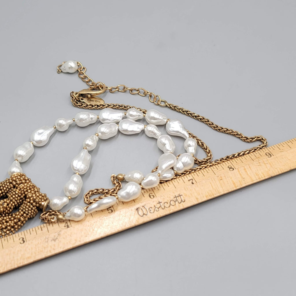 Chicos White Bead Necklace Gold tone Bead Chain Tassel Pendant LONG 36"