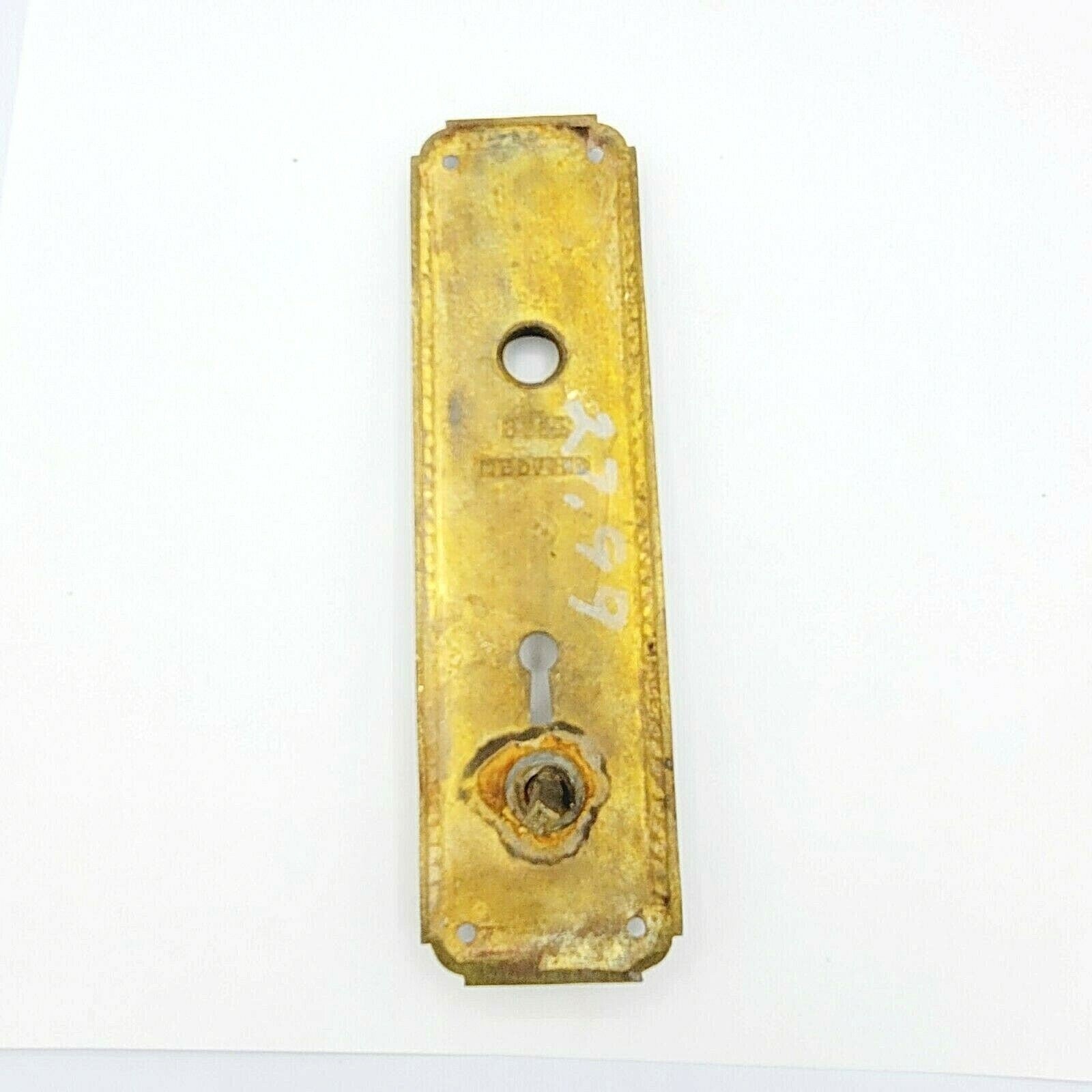 Antique MEDFORD Brass Doorknob Back Plate Thumb Lock 8" x 2 1/4"