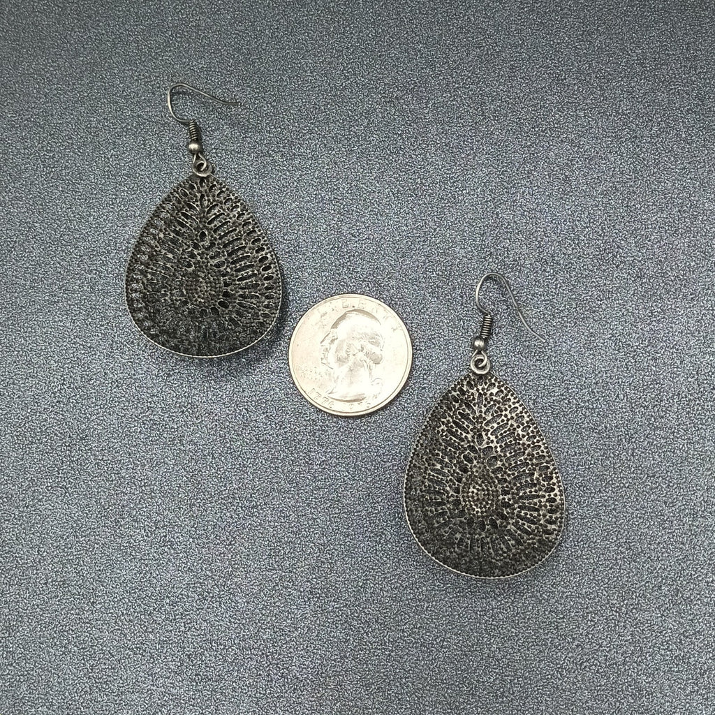 Pierced Earrings Antiqued Silver tone Teardrop Dangle 1 5/8"