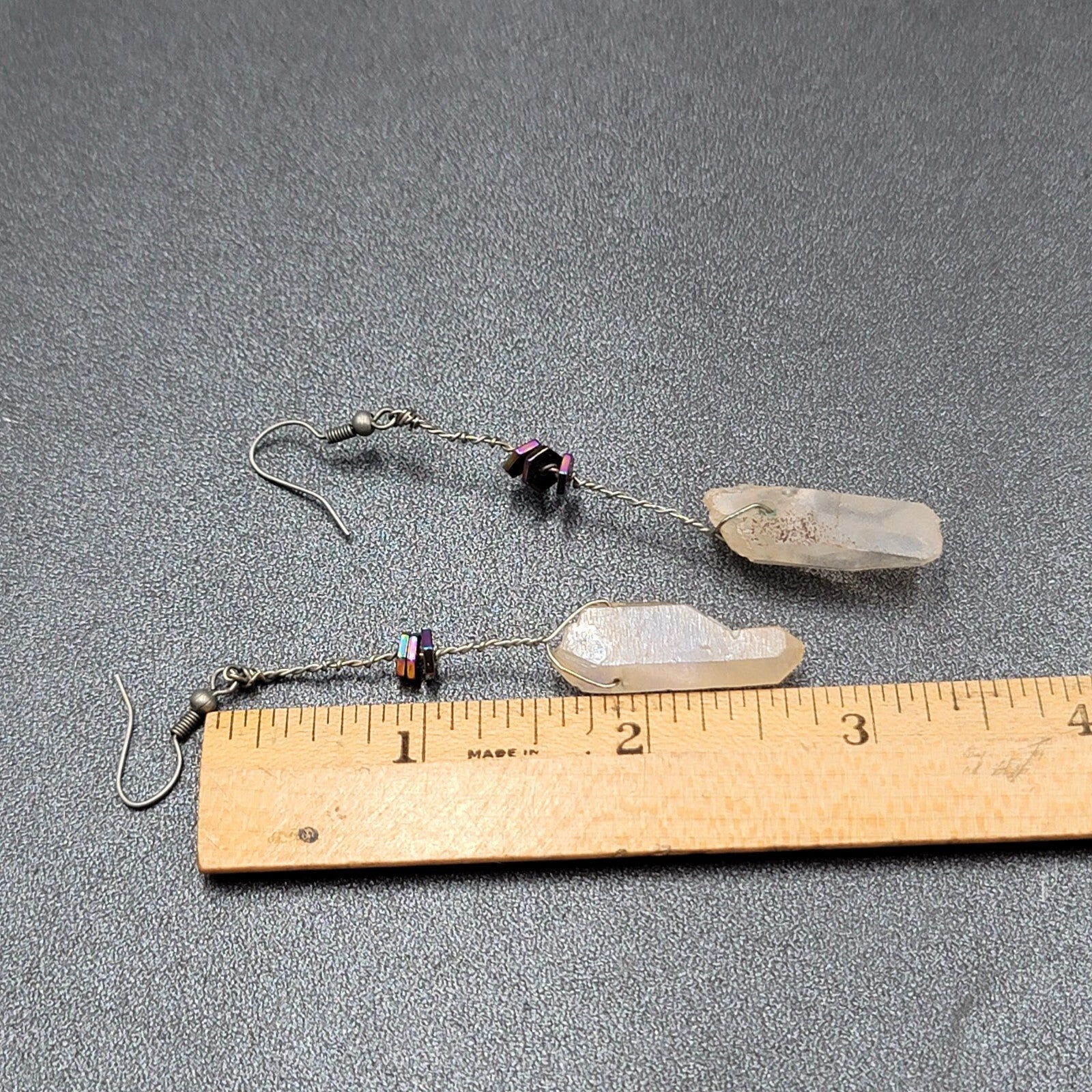 Artisan Crystal Pierced Earrings Boho Witchy Natural Dangle 2.75"