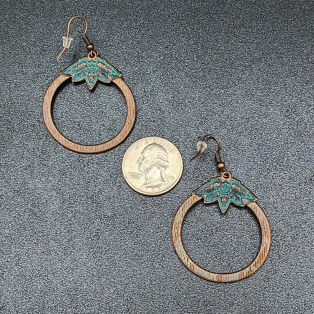 Pierced Earrings Copper tone Green Enamel Flower Open Disc Dangle Boho 1 5/8"