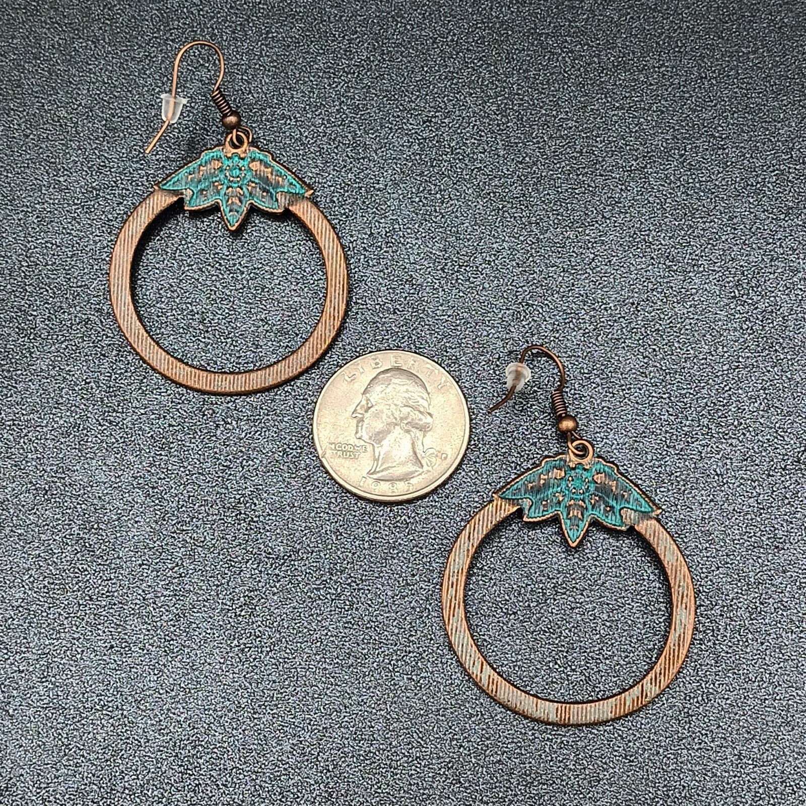 Pierced Earrings Copper tone Green Enamel Flower Open Disc Dangle Boho 1 5/8"