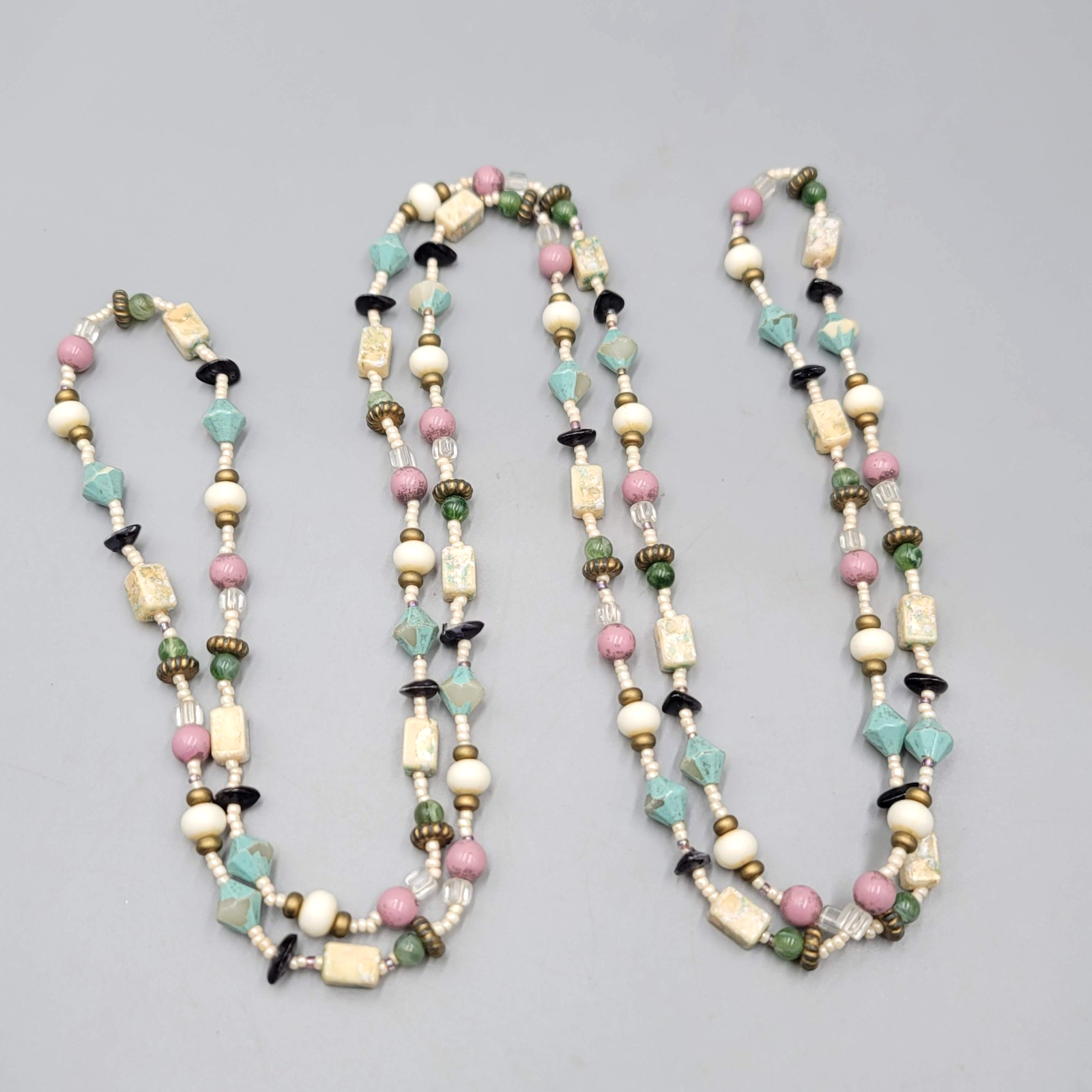 Vintage Long Beaded Necklace Multicolor Pastel Colors 56 in