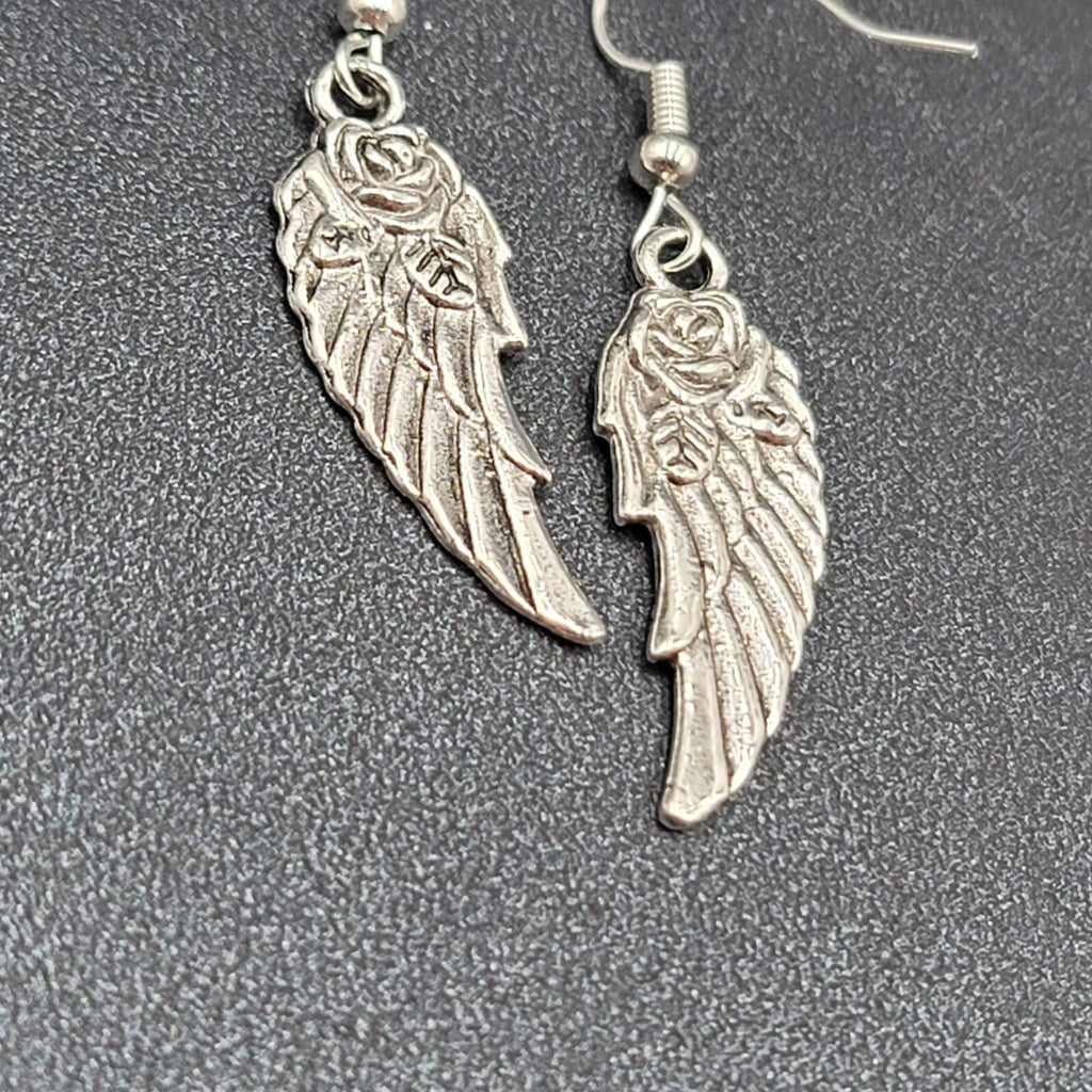 Wings Pierced Earrings Silver tone Rose Dangle 1 1/8"