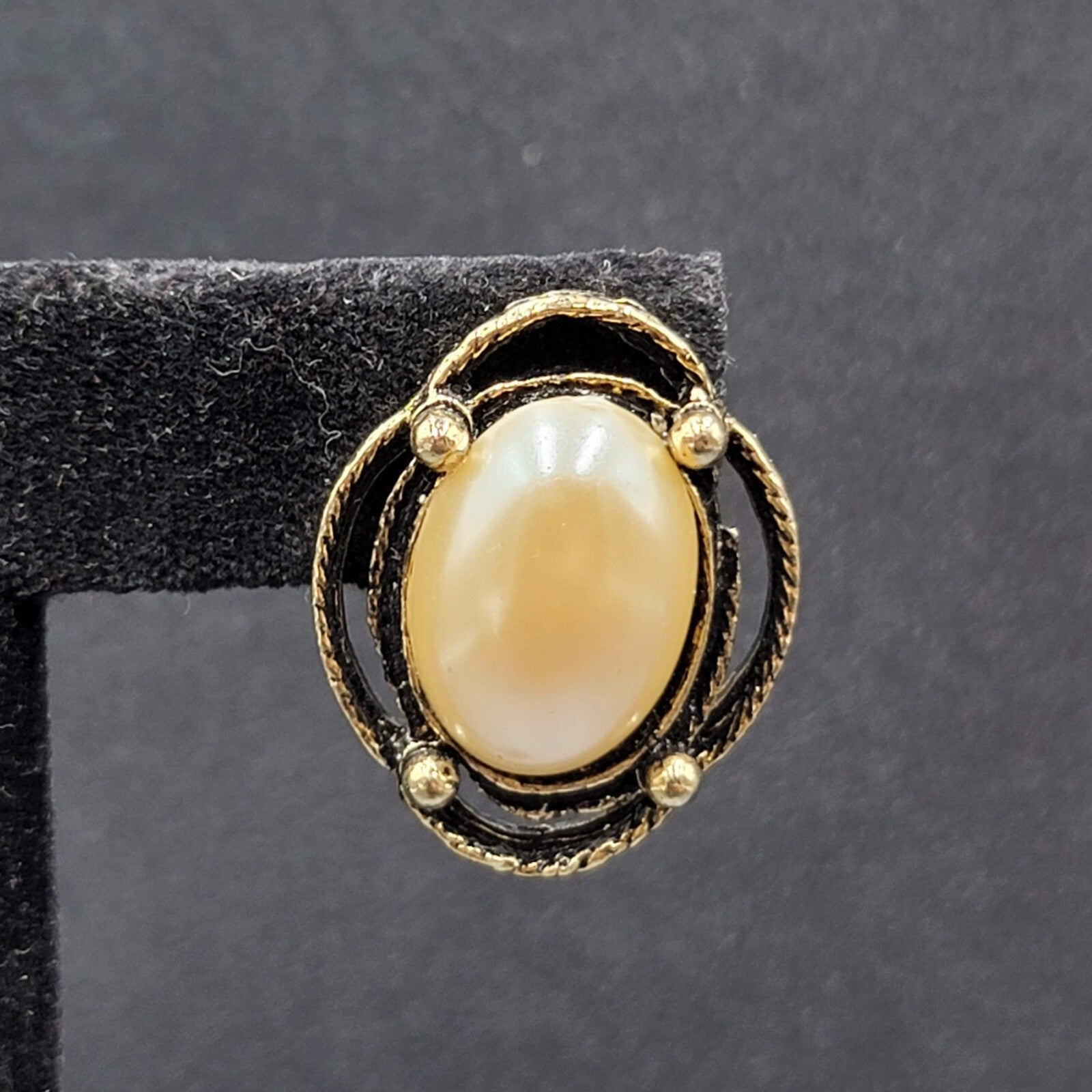 Vintage Pierced Earrings Gold tone White Cabochon Oval Drop 1"