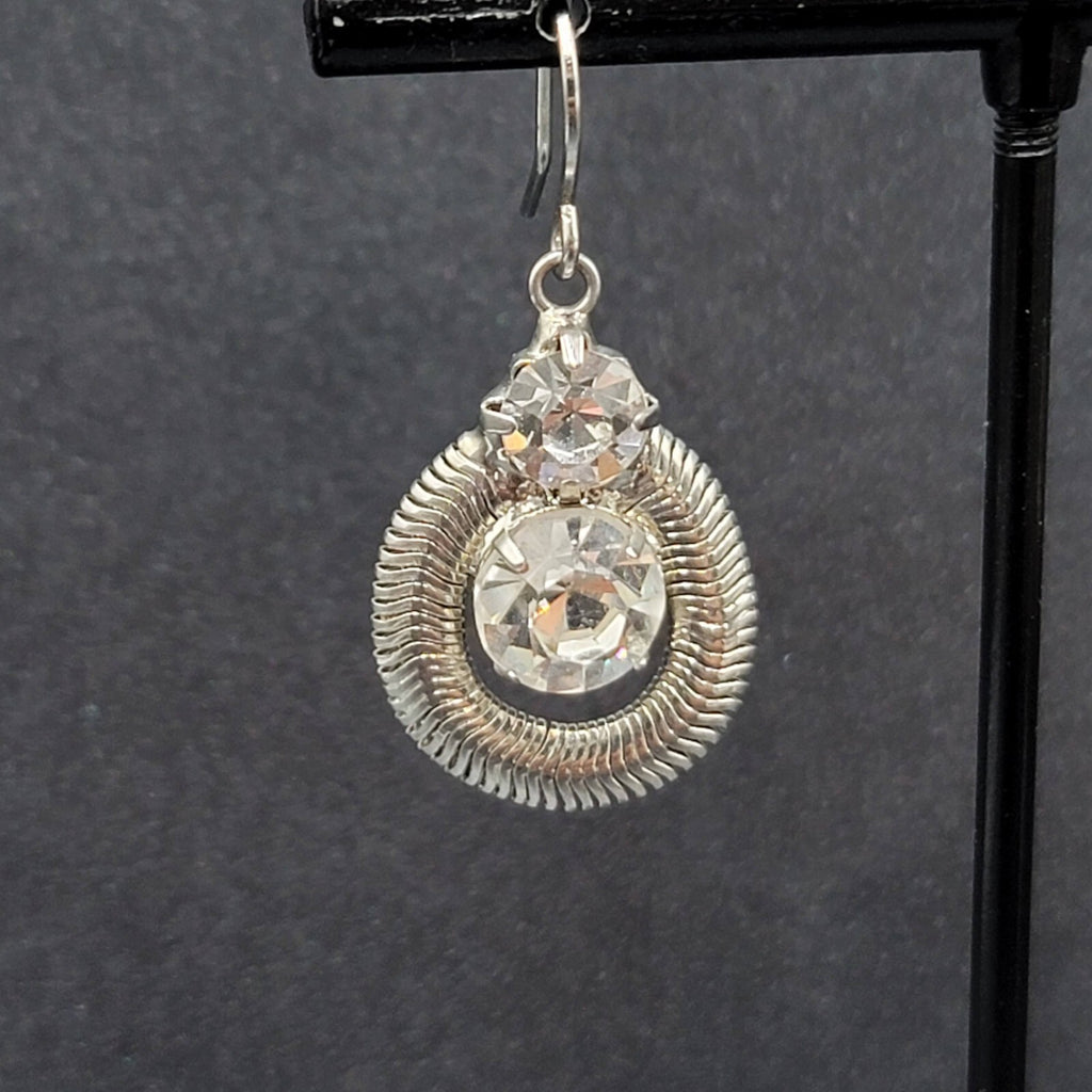 Pierced Earrings Silver tone Snake Chain Rhinestone Dangle 1"