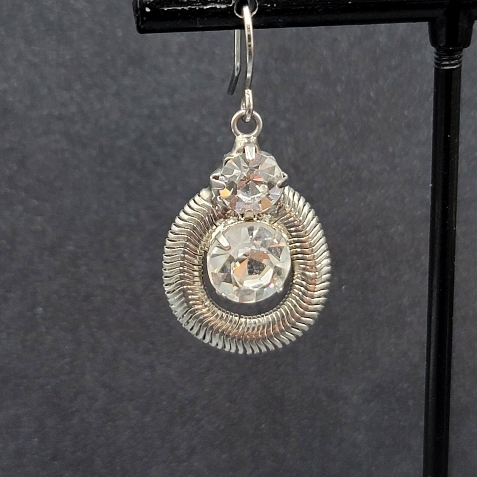 Pierced Earrings Silver tone Snake Chain Rhinestone Dangle 1"