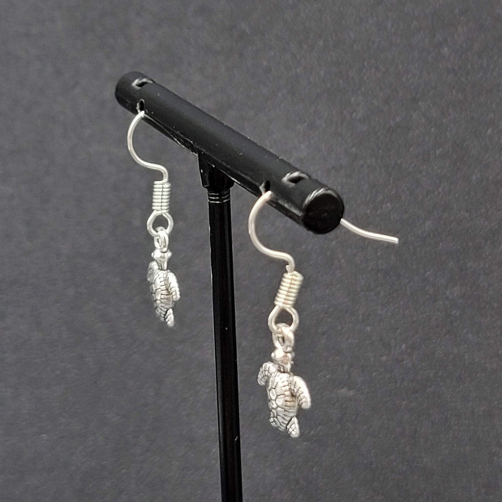 Pierced Earrings Miniature Baby Sea Turtle Dainty Dangle Silver tone  1/2"