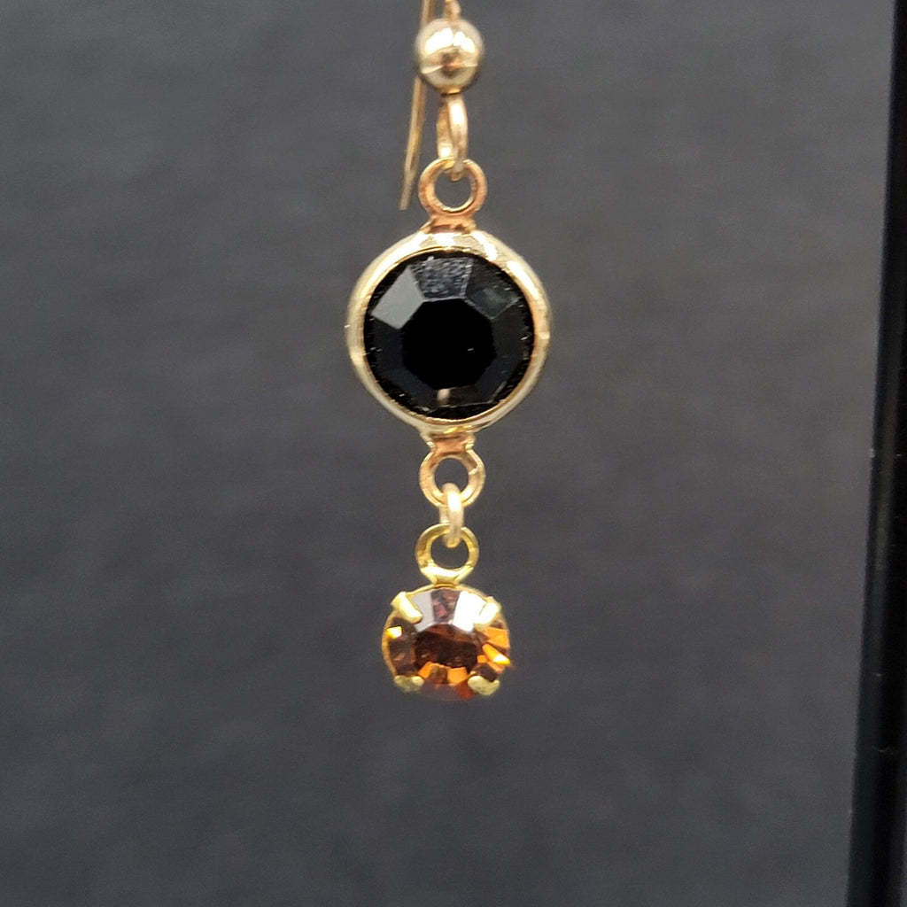 Pierced Earrings Gold tone Black Orange Rhinestone Dangle 1"