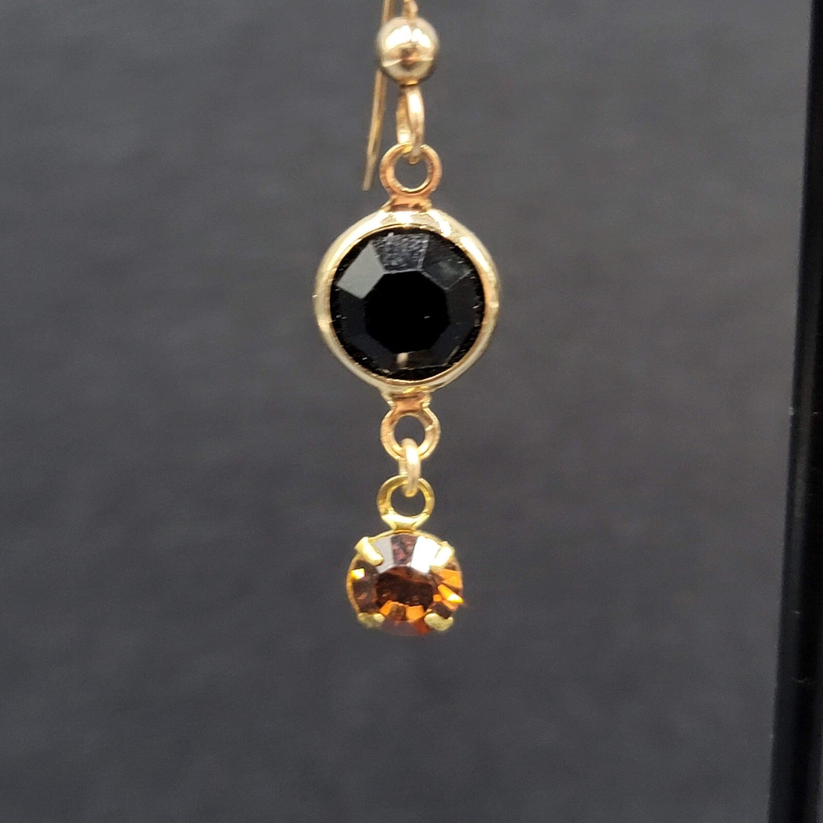 Pierced Earrings Gold tone Black Orange Rhinestone Dangle 1"