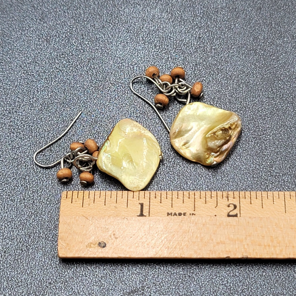 Pierced Earrings Silver tone Yellow Shell Wood Bead Dangle 1.25"