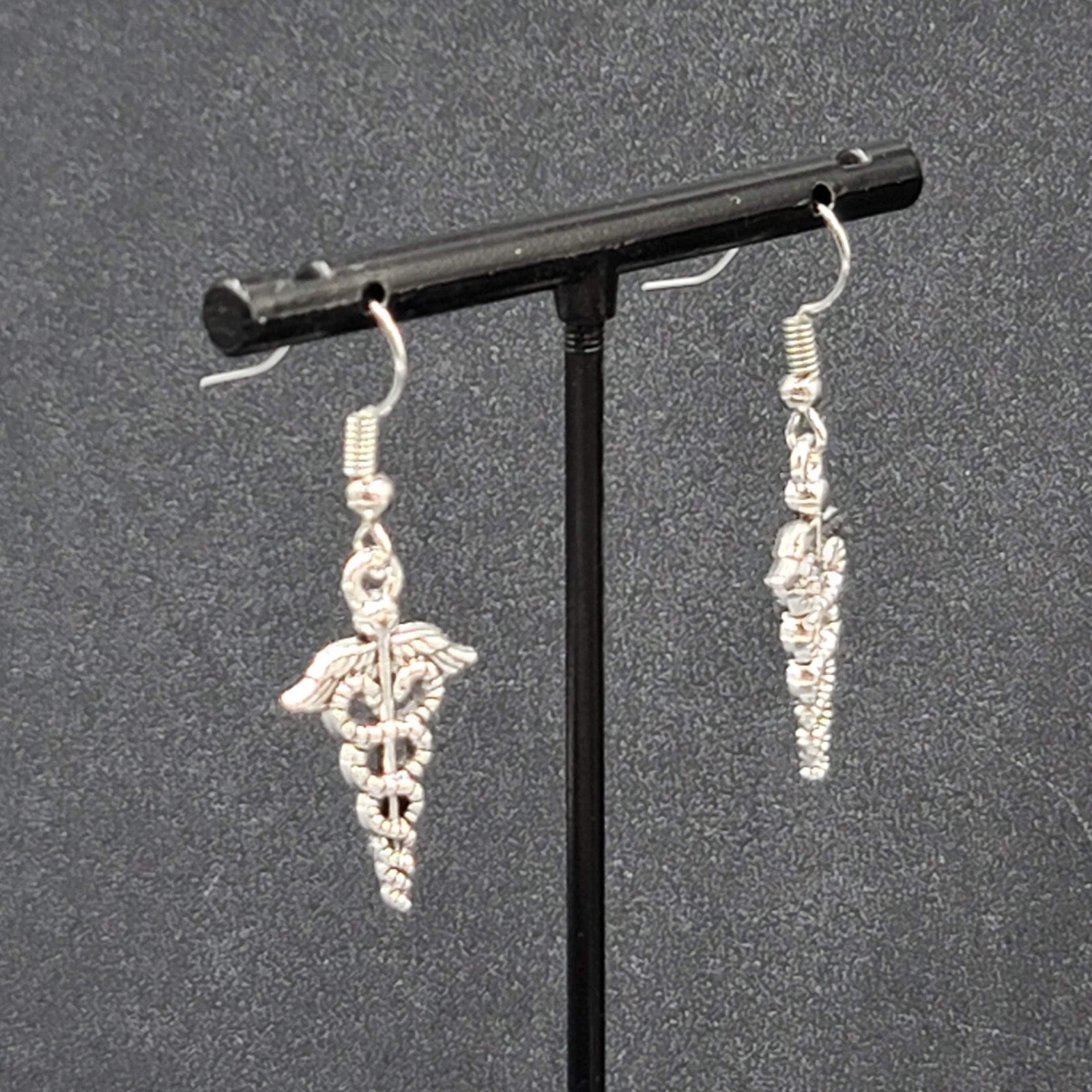  Caduceus Pierced Earrings Silver tone Medical Dangle 1"