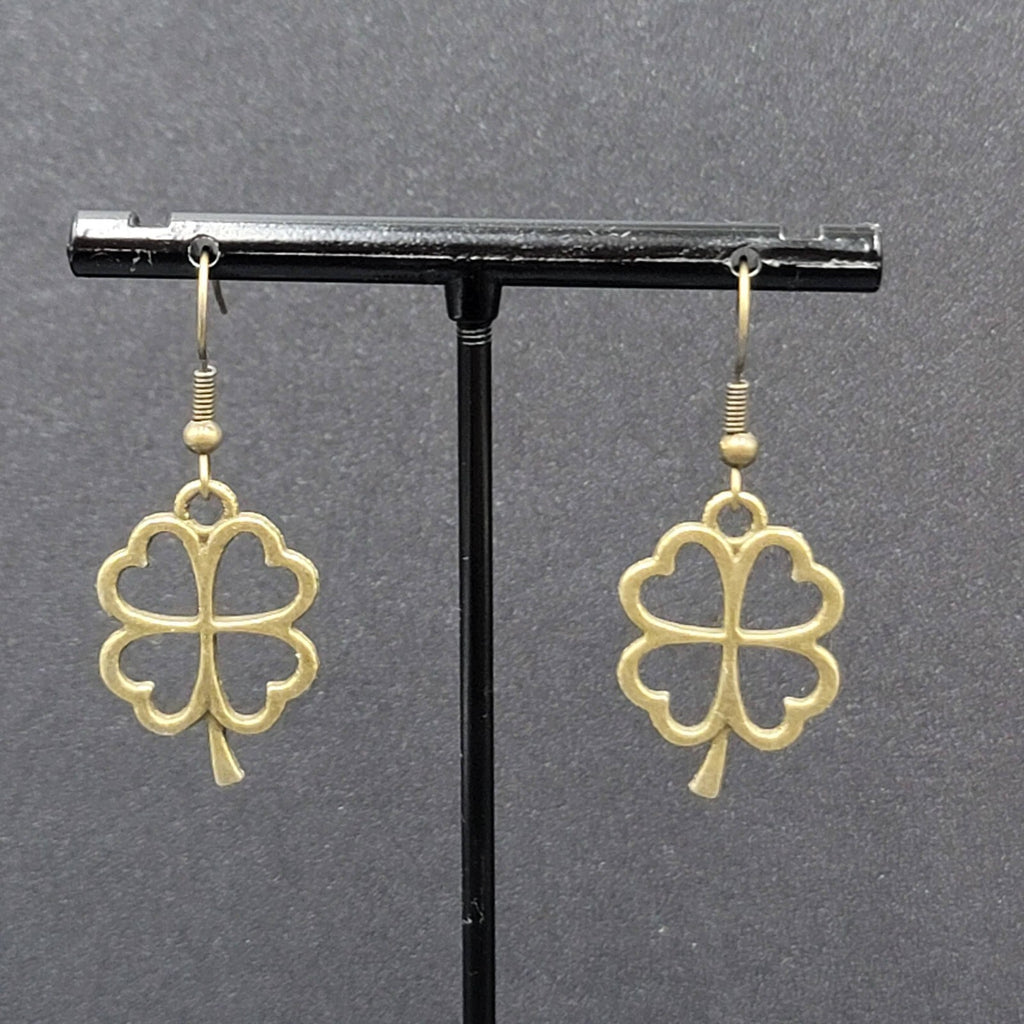 New 4 Leaf Clover Pierced Earrings Lucky Shamrock Bronze tone Dangle 1"