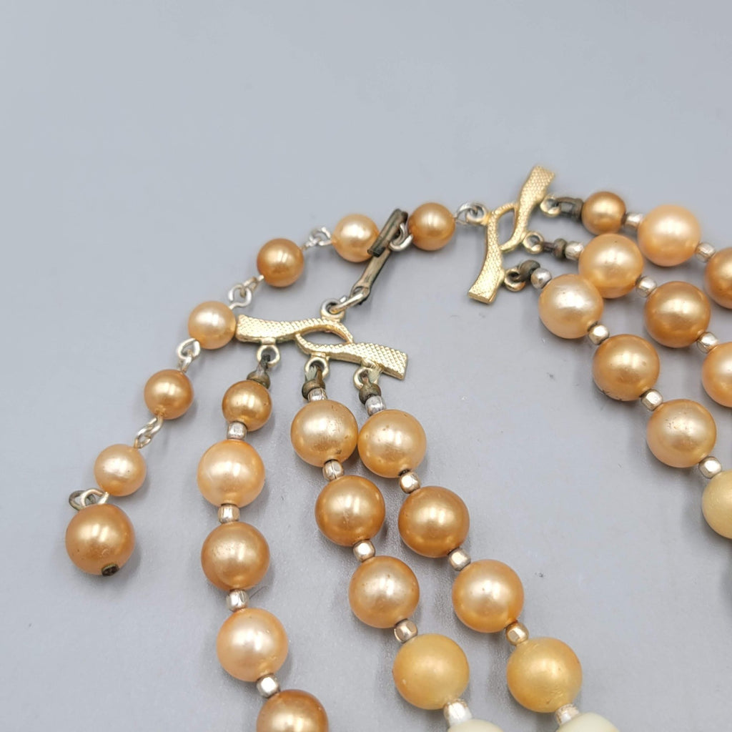 Vintage Triple Strand Necklace Beige Glass Moonstone Gold tone 