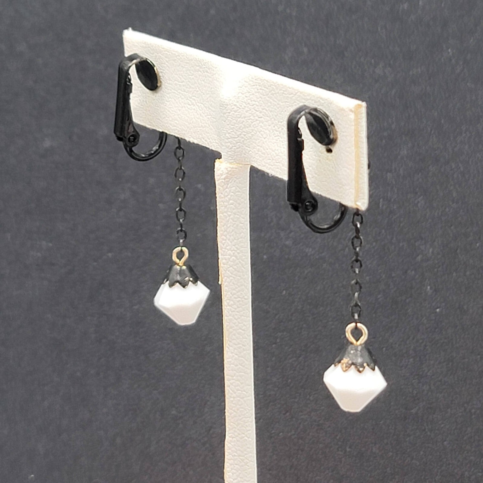 Vintage Clip on Earrings Black Enamel Metal Dangle Chain White Bead 1 5/8"