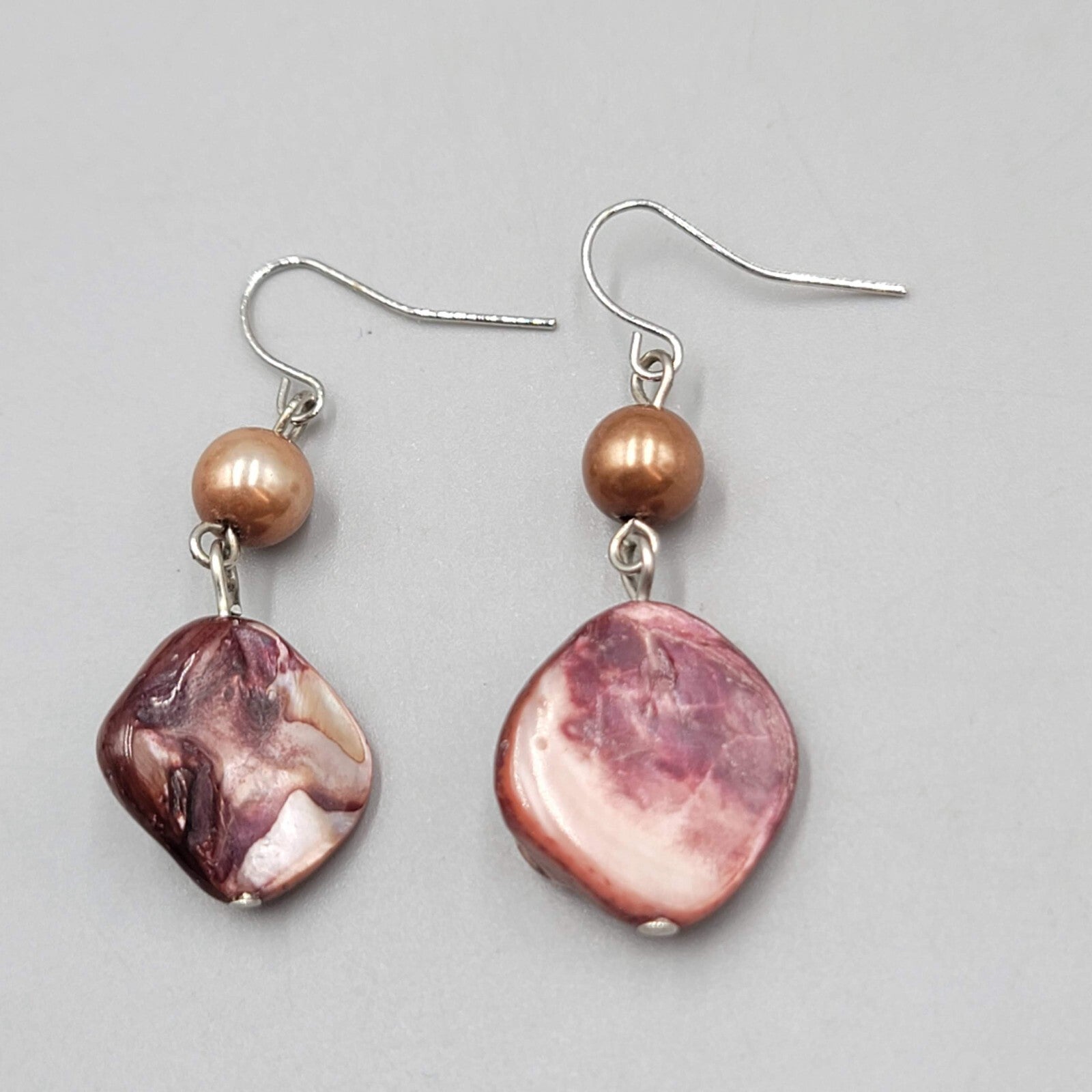 Purple Shell Pearl Bead Pierced Earrings Silver tone Dangle 1.5"