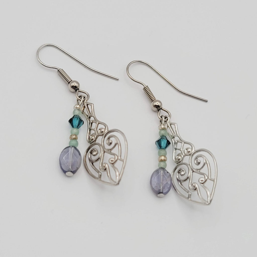 Lavalier Pierced Earrings Purple Blue Beads Silver tone Dangle 1.25 in