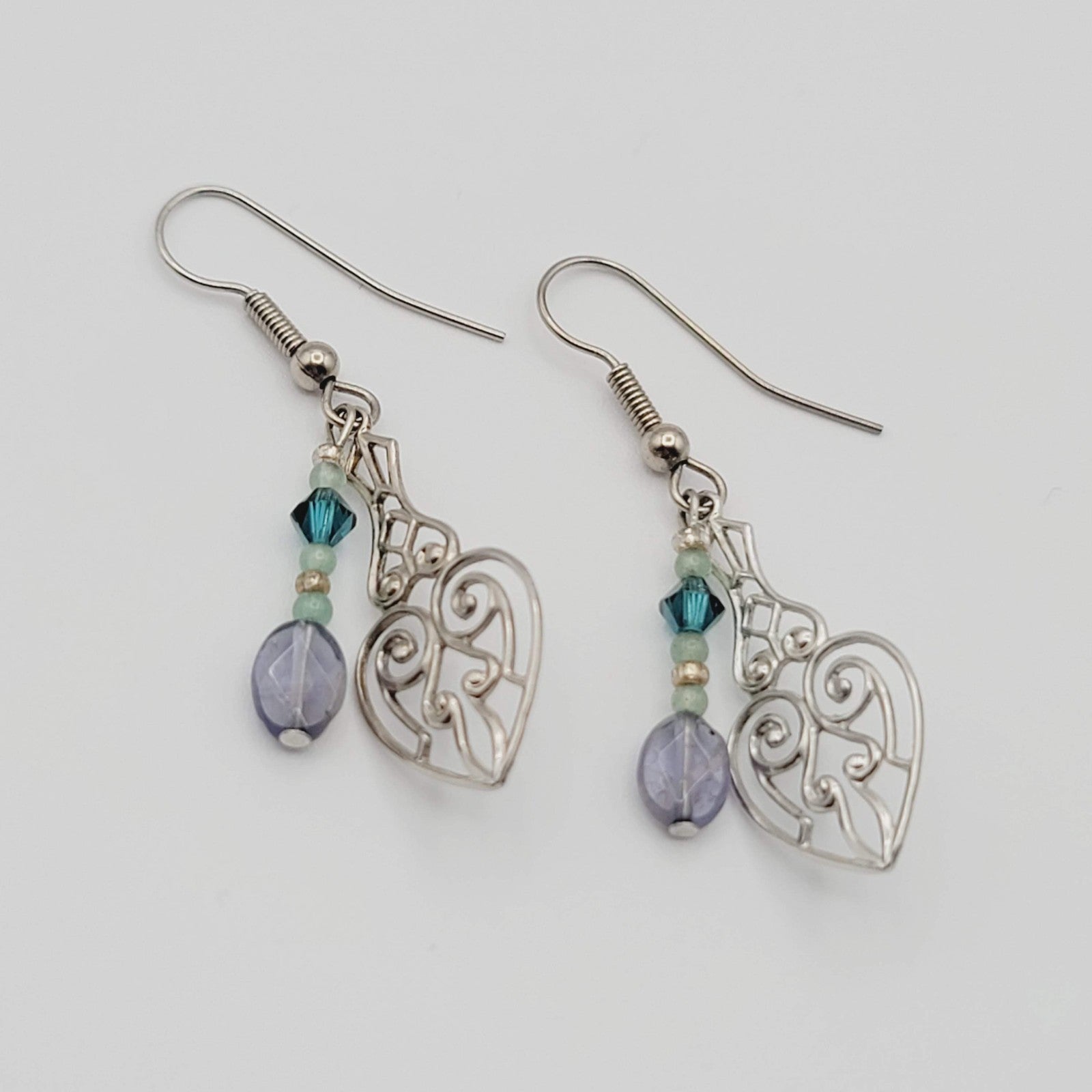 Lavalier Pierced Earrings Purple Blue Beads Silver tone Dangle 1.25 in