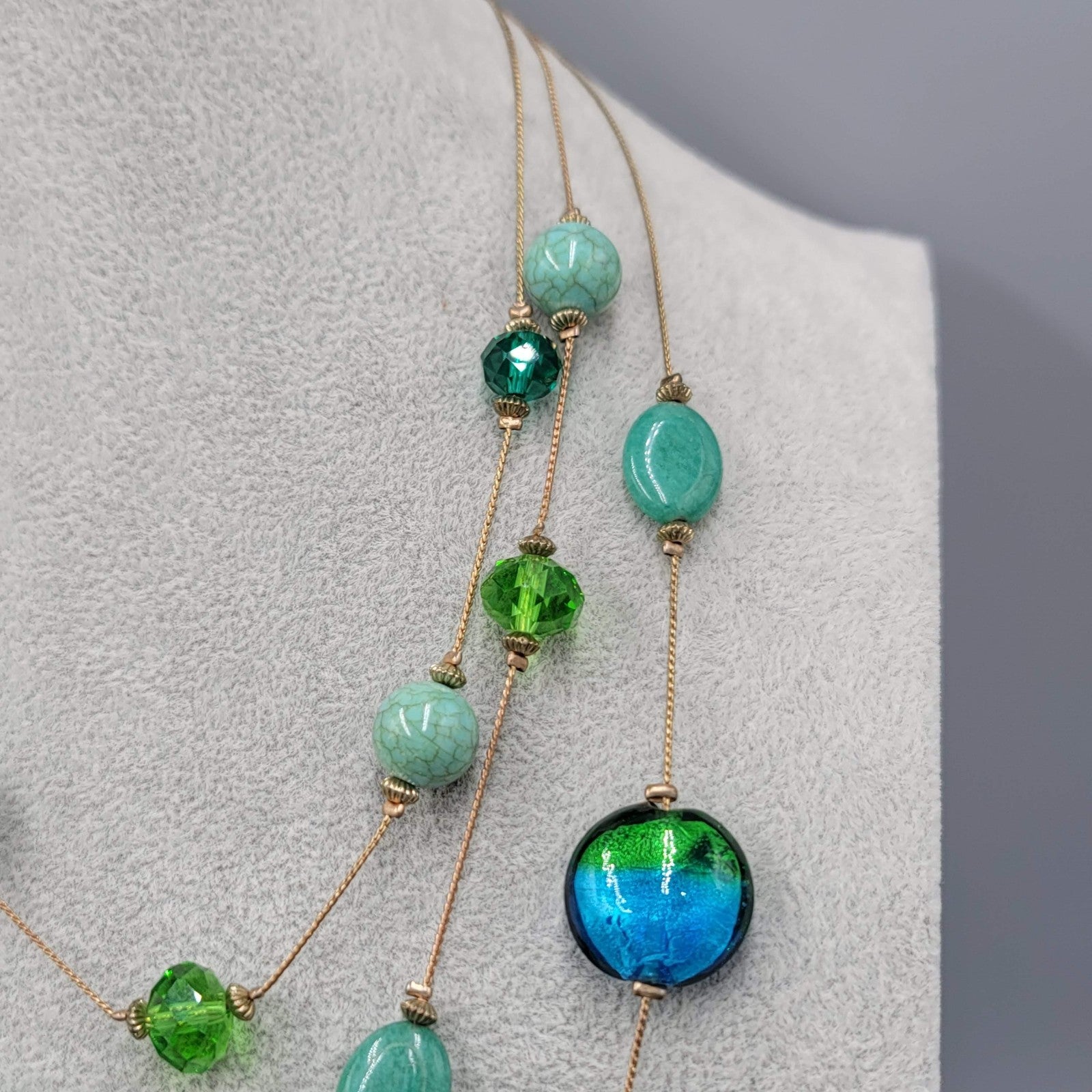 Triple Chain Blue Green Glass Bead Necklace Gold tone 16"-18"