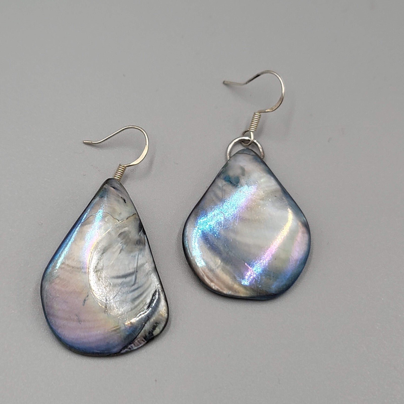 Real Seashell Pierced Earrings Blue Iridescent Sheen Dangle 1 3/8"