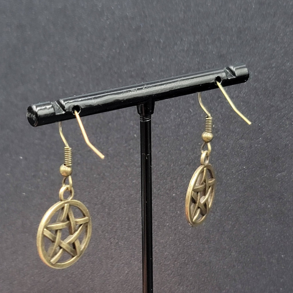 Pierced Earrings Bronze tone Round Pentacle Pentagram Dangle 3/4"