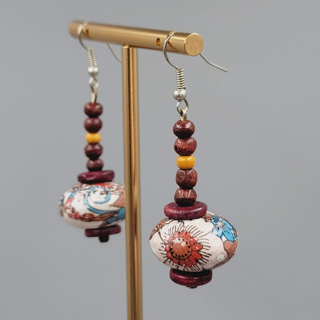 Beaded Pierced Earrings Wood Flower Bead Dangle 1 5/8"