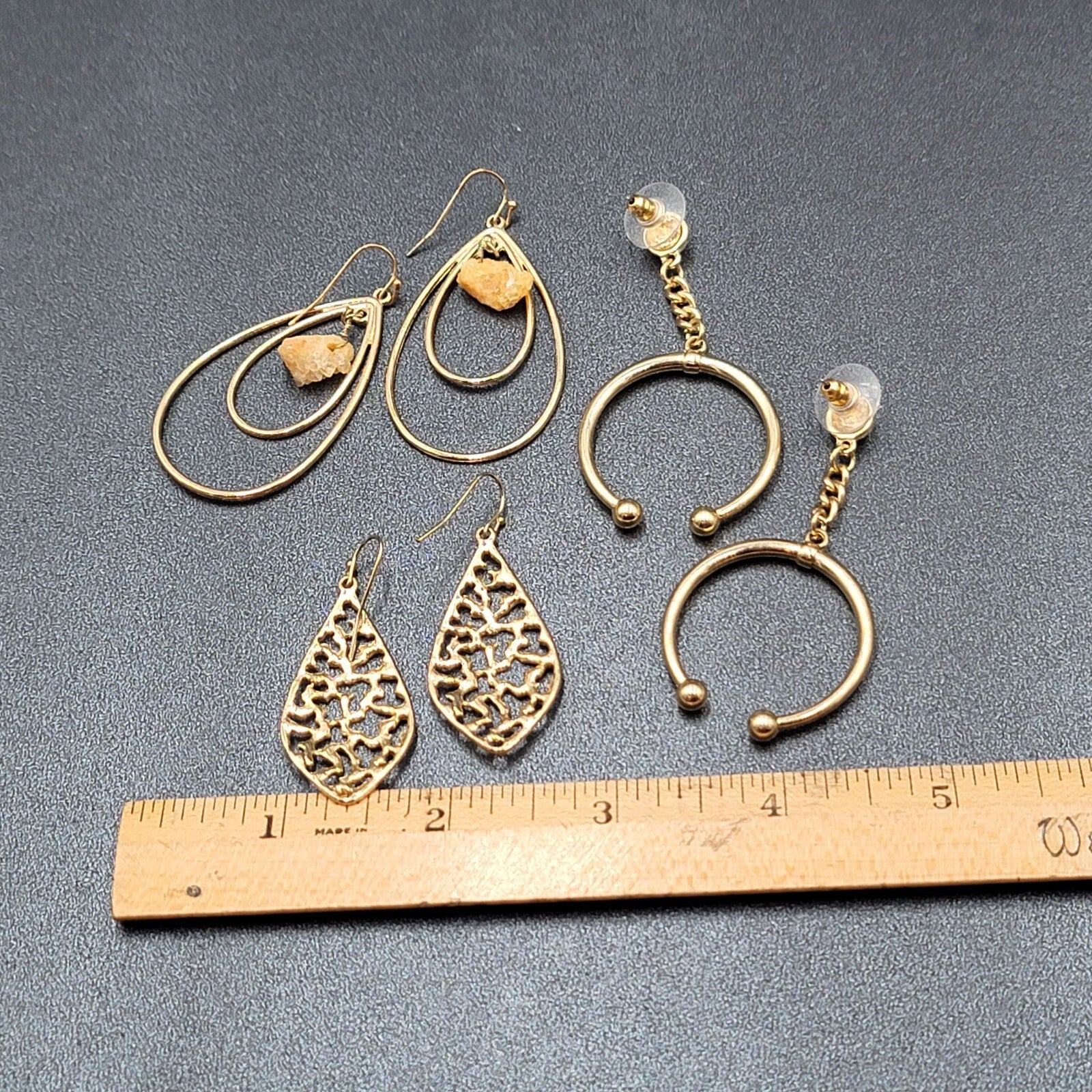 Lot of 3 Pierced Earrings Goldtone Teardrop Hoops Quartz Crystal Bead Wearable