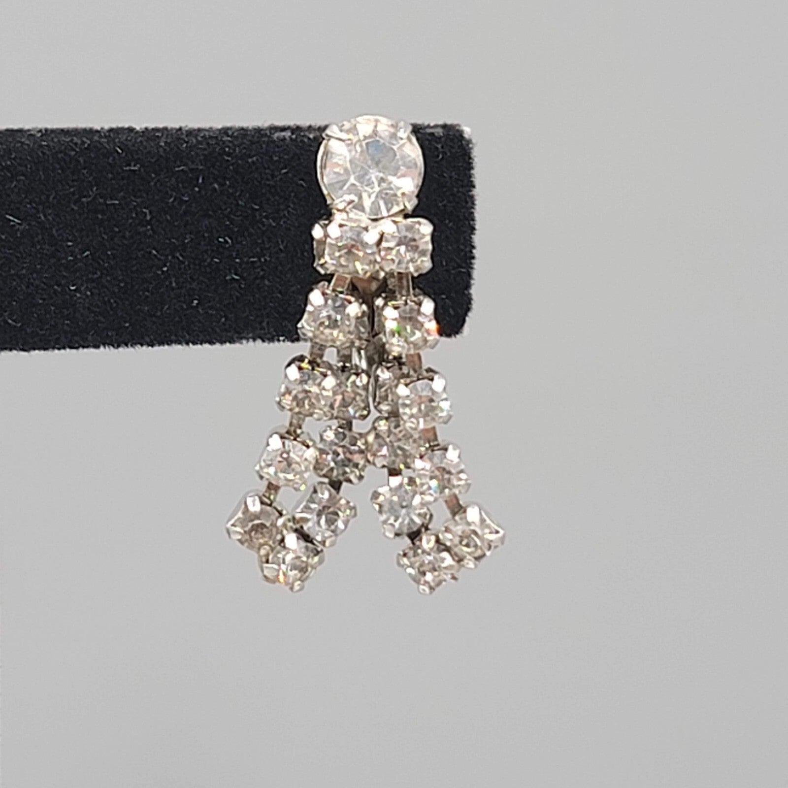 Vintage Rhinestone Clip on Earrings Silver tone Wrapped Dangle Screw Back 1 1/8"