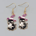 Black Cat Witch Pierced Earrings Enamel Gold tone Dangle New 1.25"