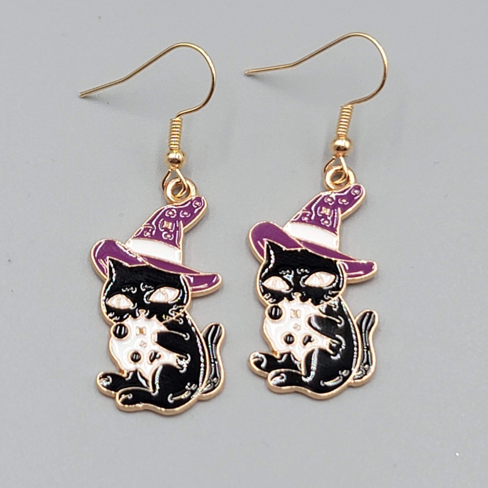 Black Cat Witch Pierced Earrings Enamel Gold tone Dangle New 1.25"