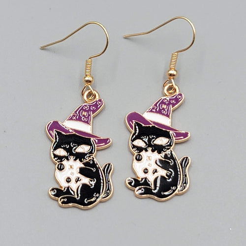 Black Cat Witch Pierced Earrings Enamel Gold tone Dangle New 1.25"