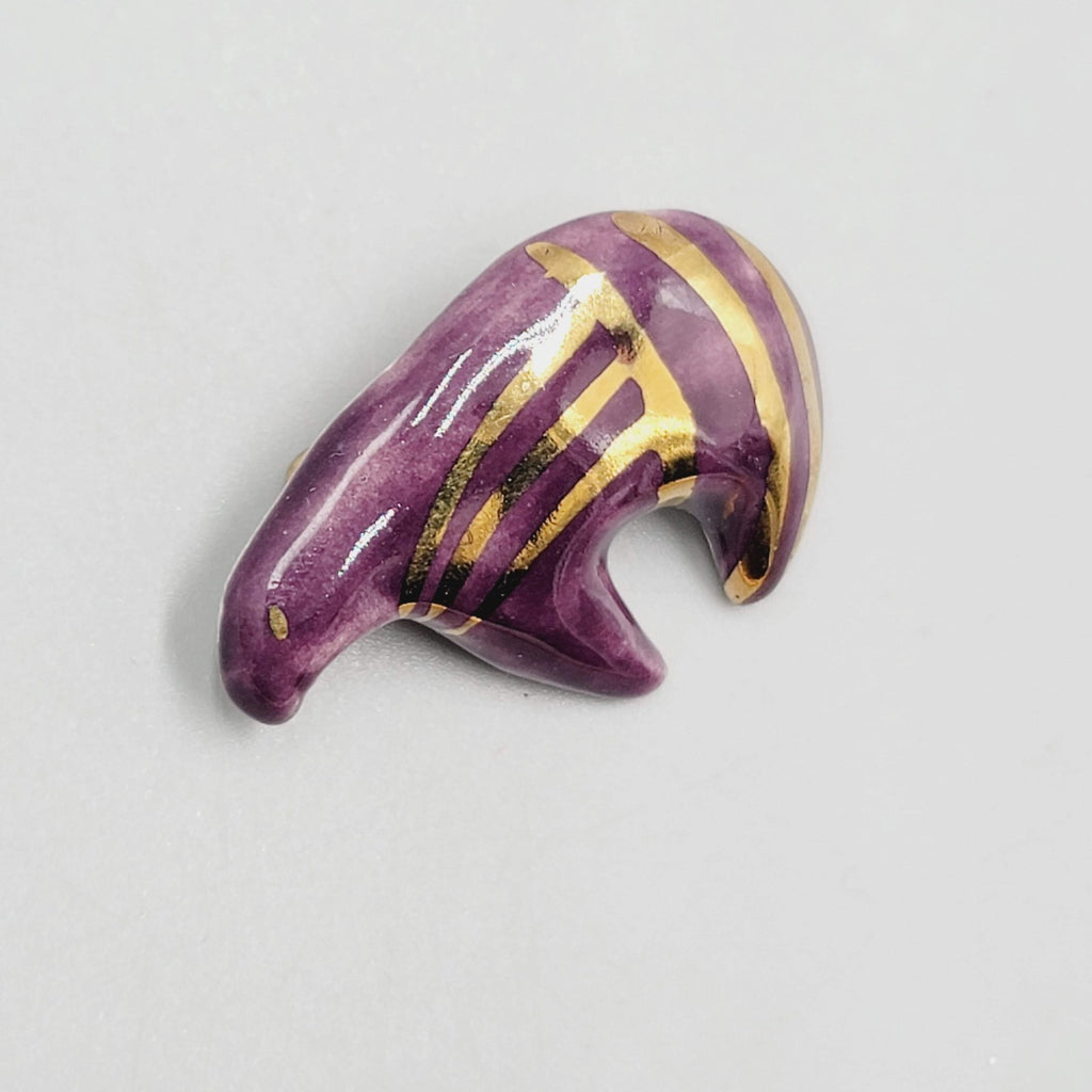 Vintage Ceramic Purple and Gold Bear Brooch Hand Painted 1 3/8"