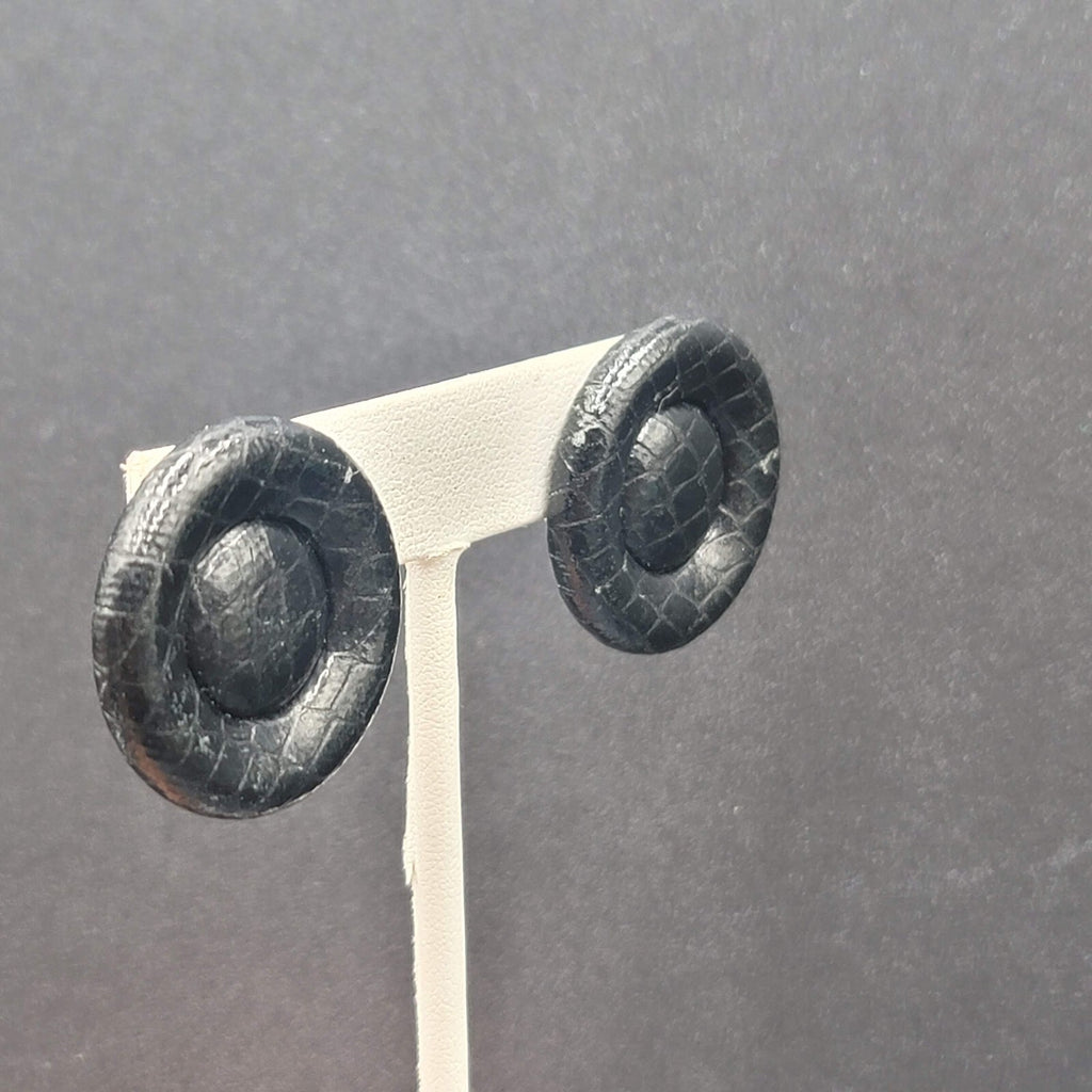 Vintage Pierced Earrings Faux Snake Skin Black Button Studs 1 1/8"