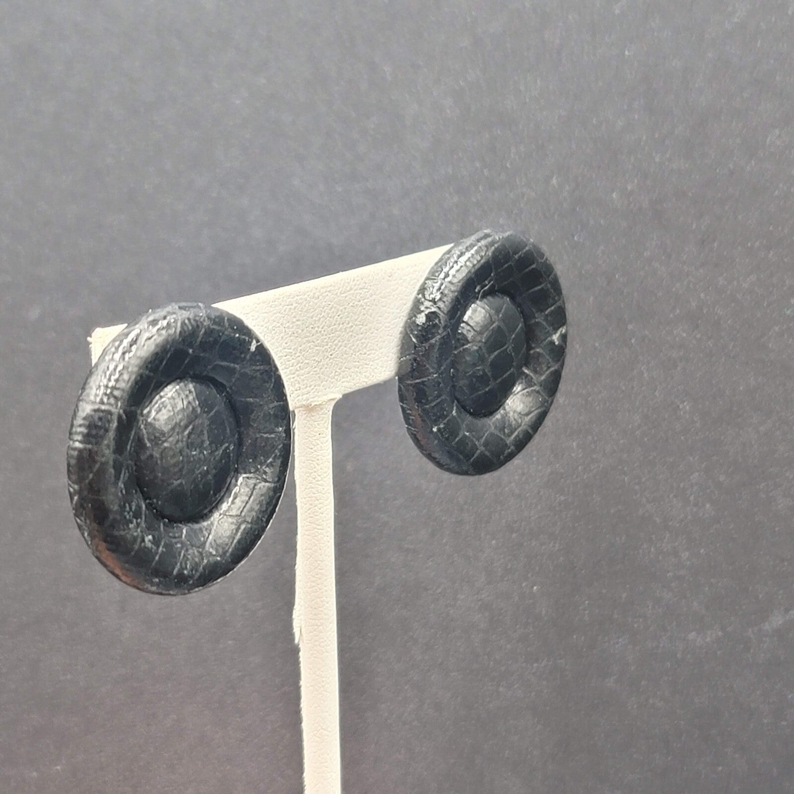 Vintage Pierced Earrings Faux Snake Skin Black Button Studs 1 1/8"