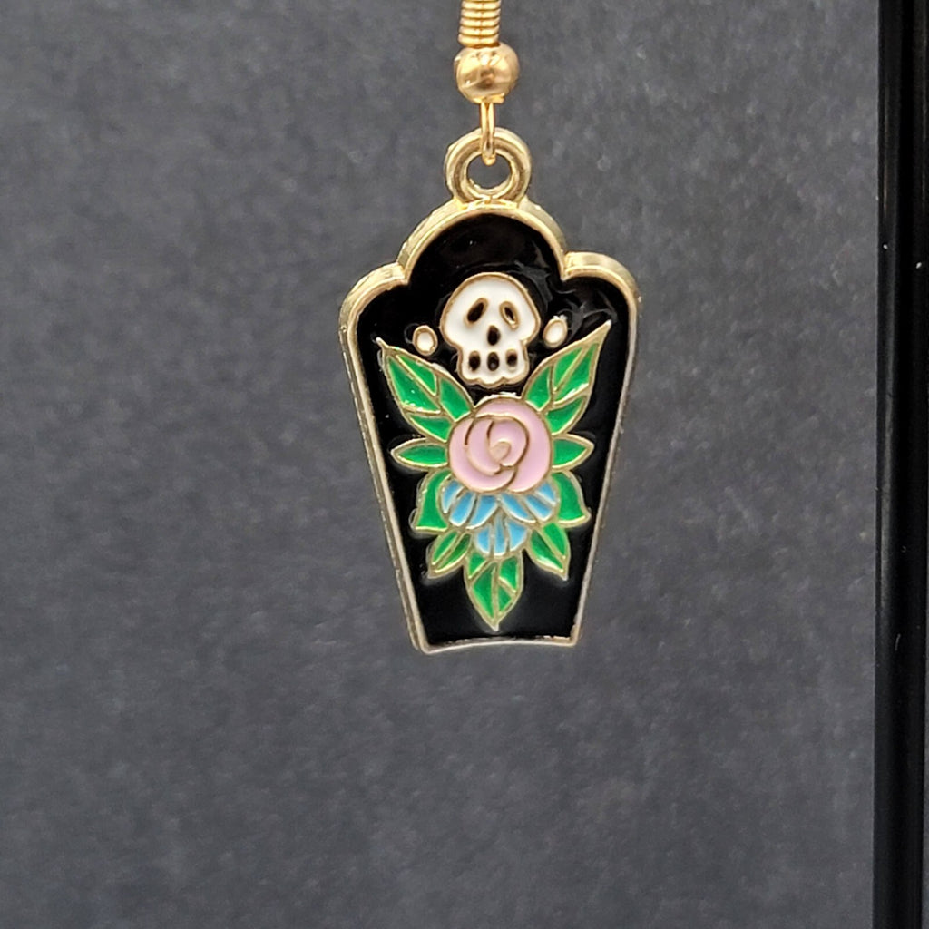 Halloween Coffin Pierced Earrings Skull Enamel Flowers Gold tone Dangle 1"