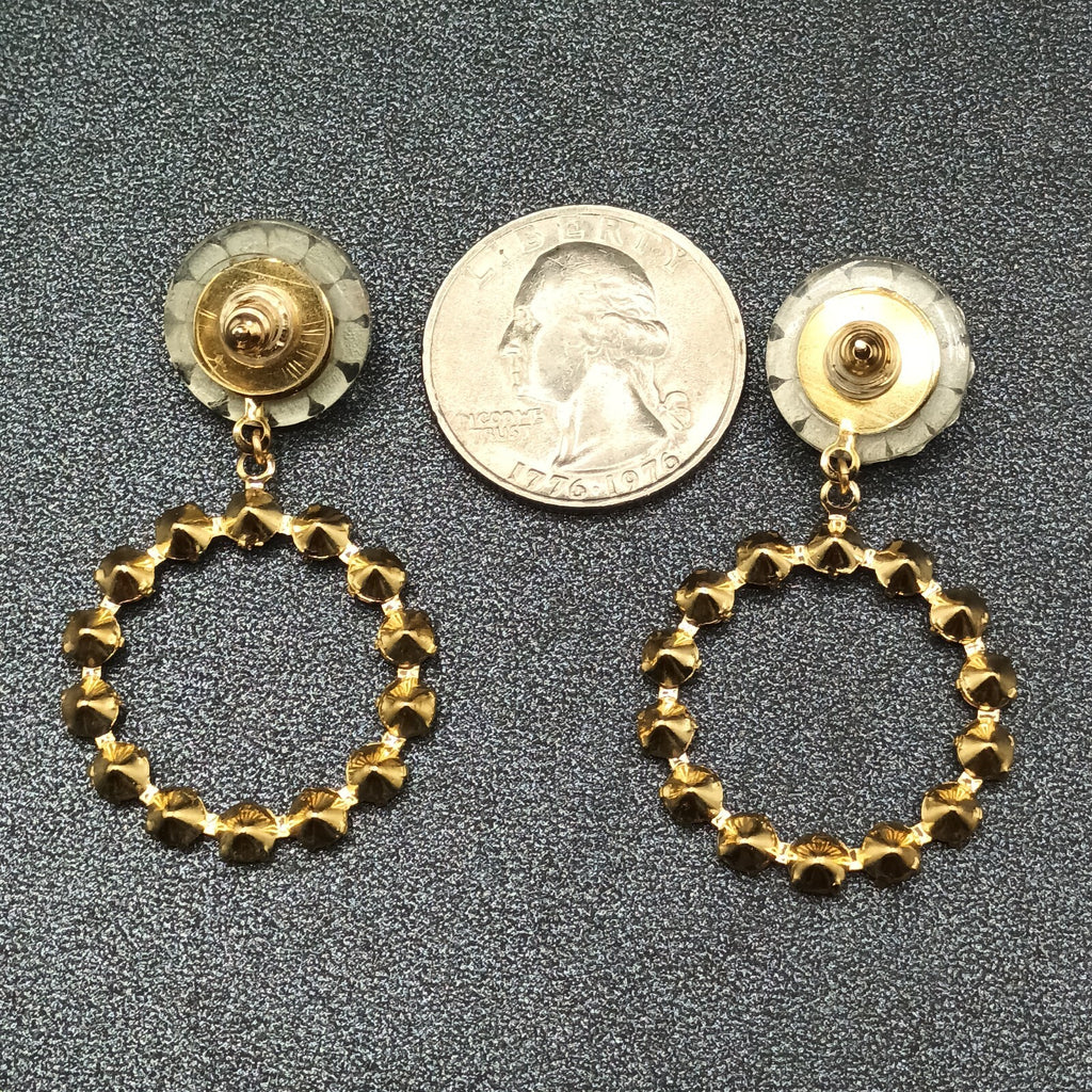 Pierced Earrings Gold tone Brown Faceted Crystal Open Round Dangle 1 7/8"