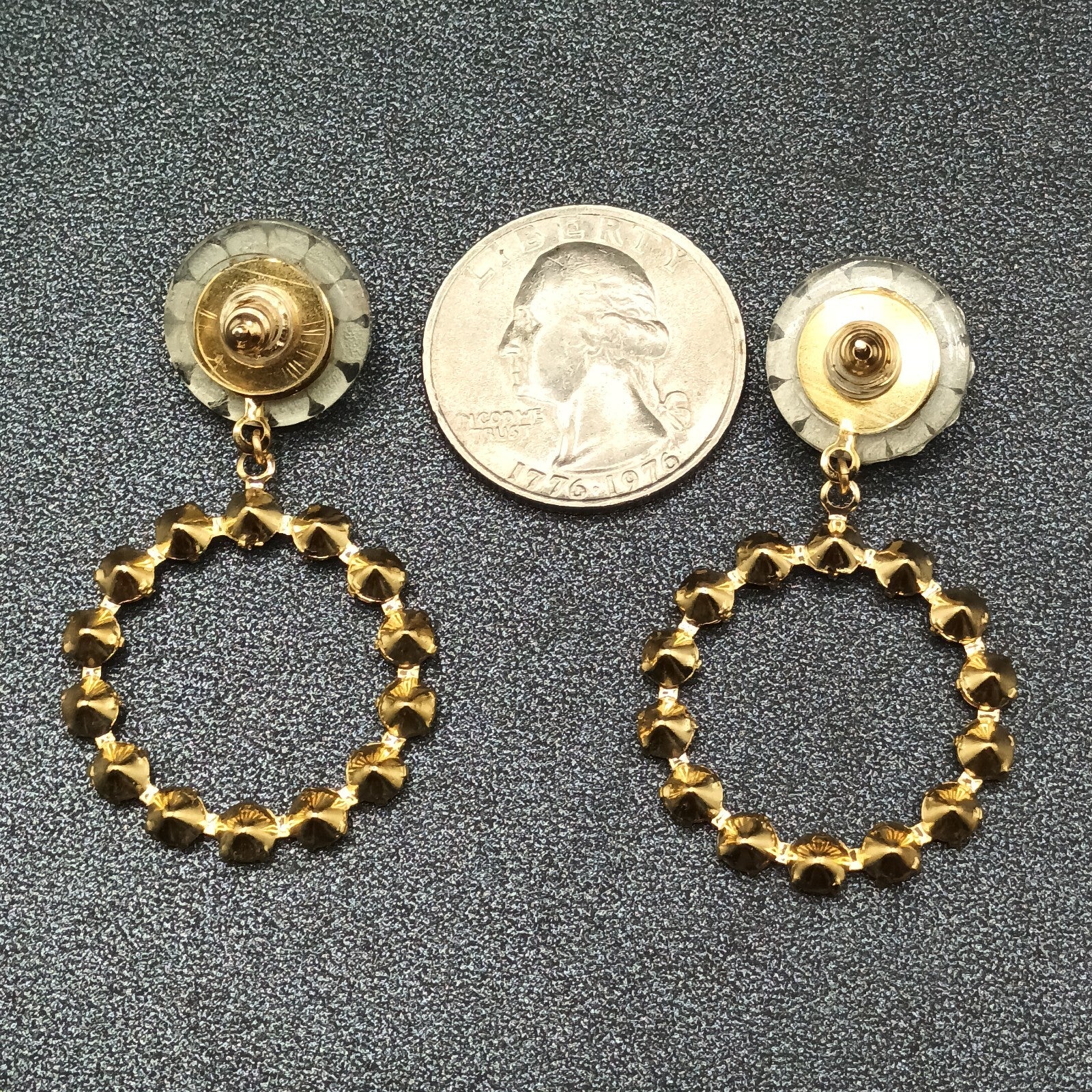 Pierced Earrings Gold tone Brown Faceted Crystal Open Round Dangle 1 7/8"
