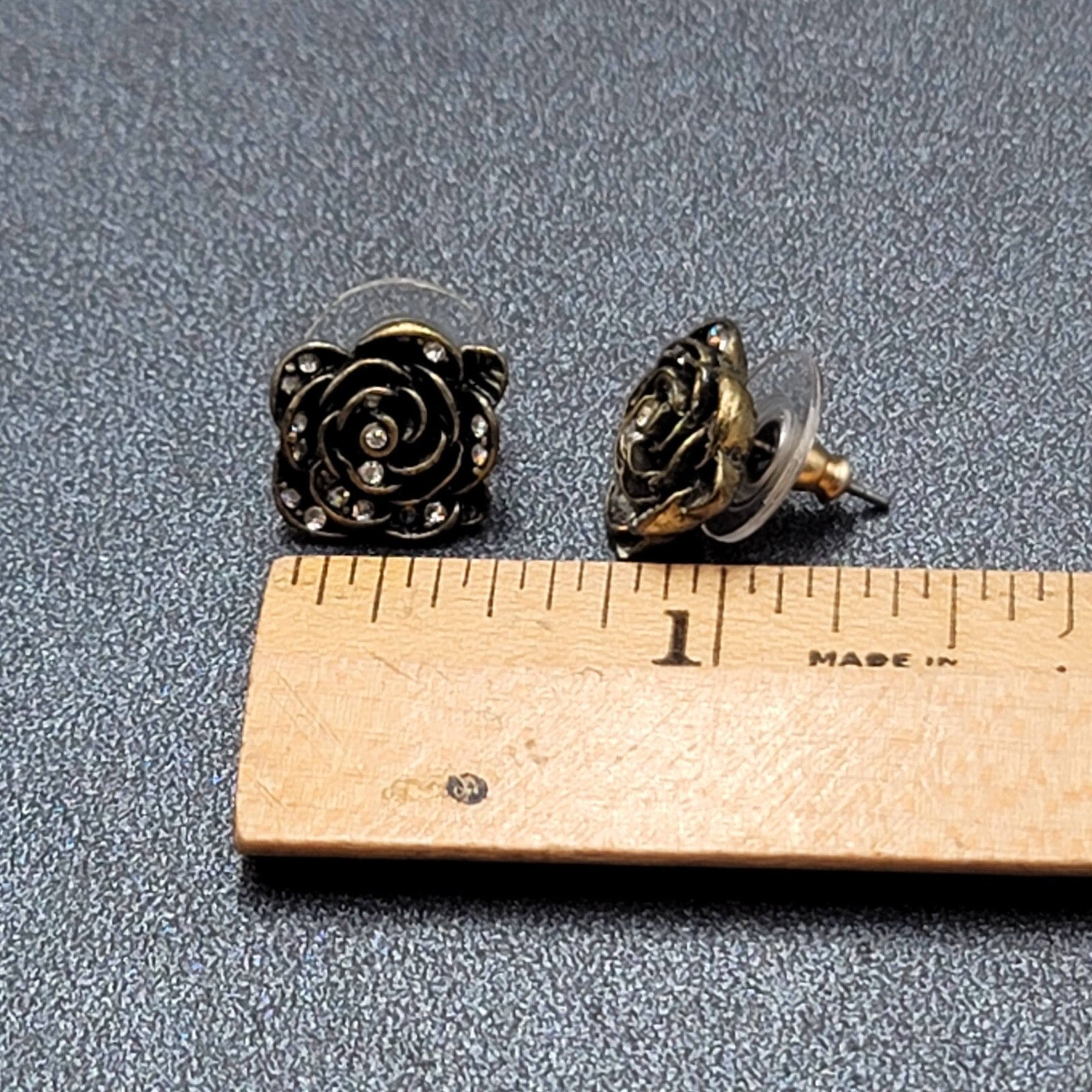 Pierced Earrings Antiqued Gold tone AB Crystal Flower Rose Studs 1/2"