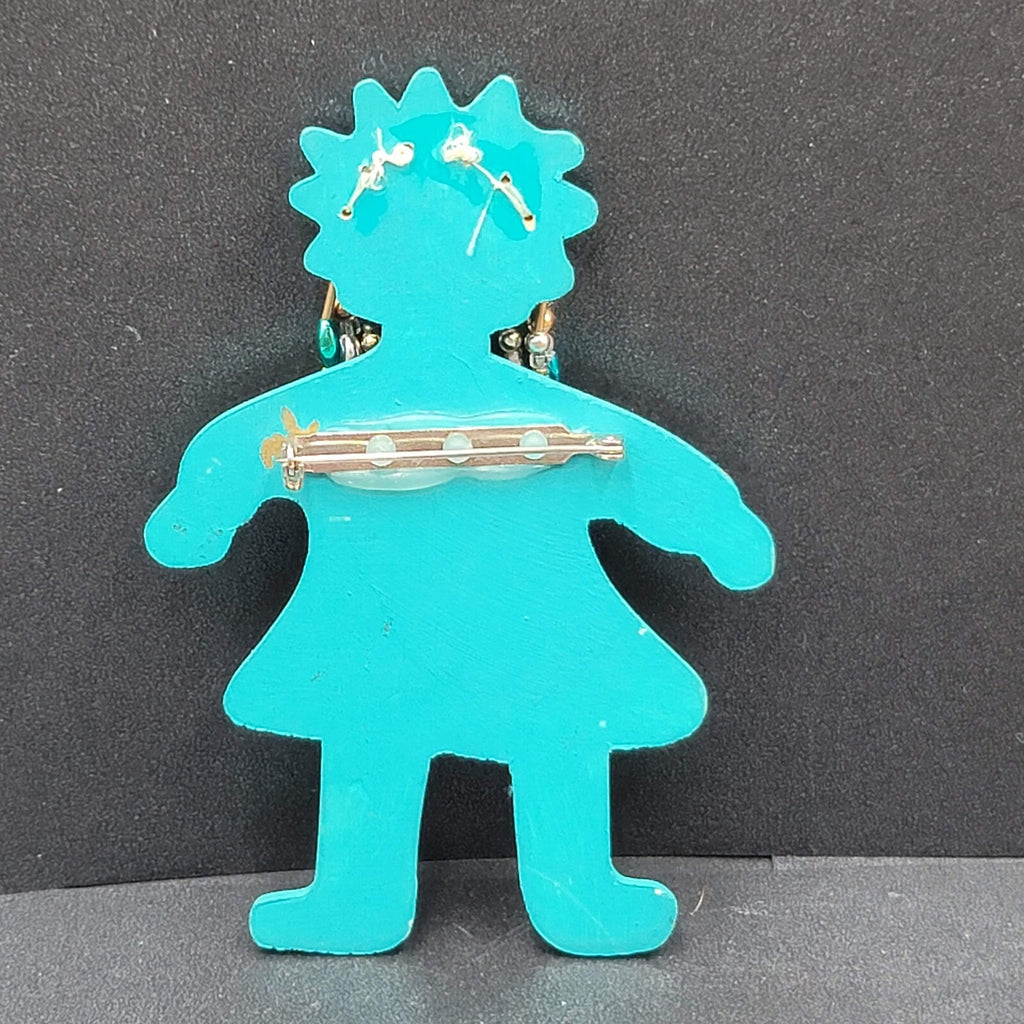 Vintage Brooch Large Handmade Girl Figure Painted Beaded Hair 4"