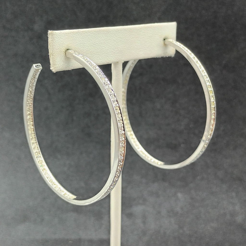 Pierced Earrings Silver tone Inside Outside Rhinestone Hoop 2 1/4"
