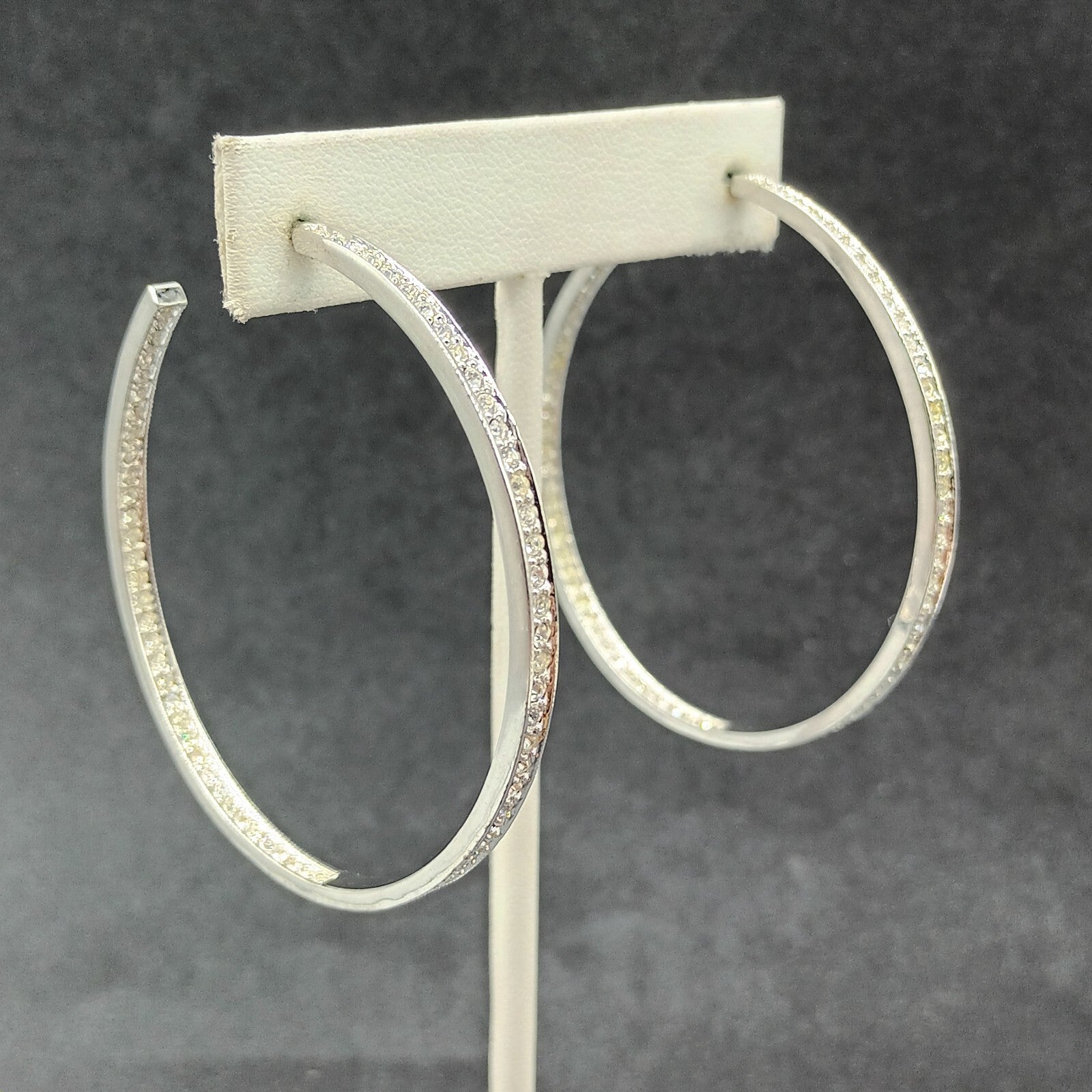 Pierced Earrings Silver tone Inside Outside Rhinestone Hoop 2 1/4"