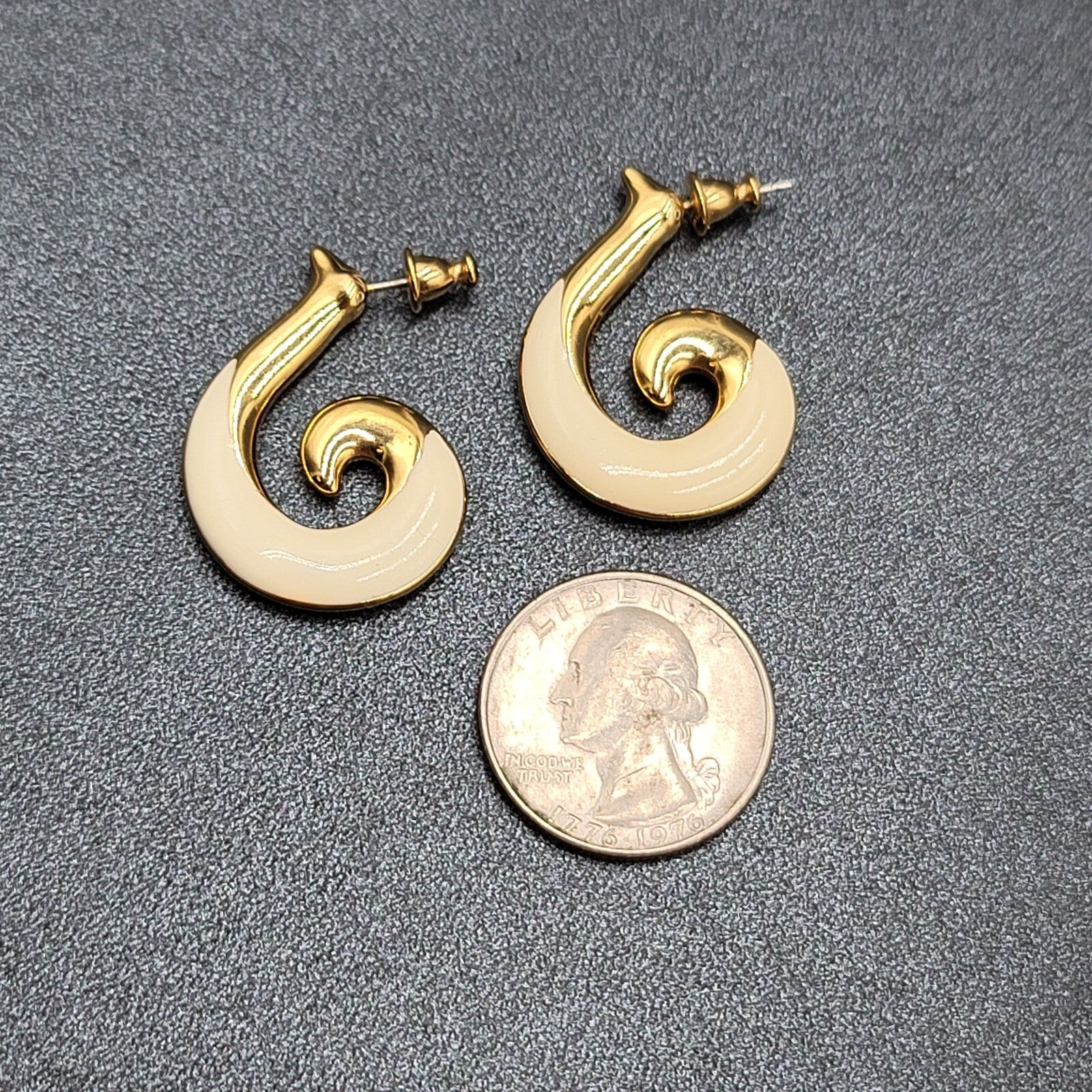 Vintage MONET Pierced Earrings Gold Plated White Enamel Swirl Drop  1.25"