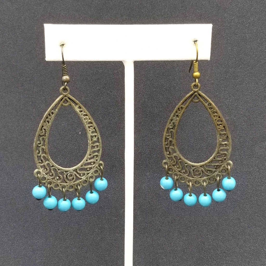 Pierced Earrings Bronze tone Chandelier Teardrop Blue Bead Dangle 2.25"