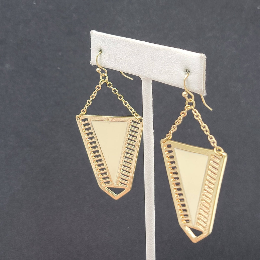 Pierced Earrings Gold tone Cream White Enamel Statement Dangle 2 1/8"